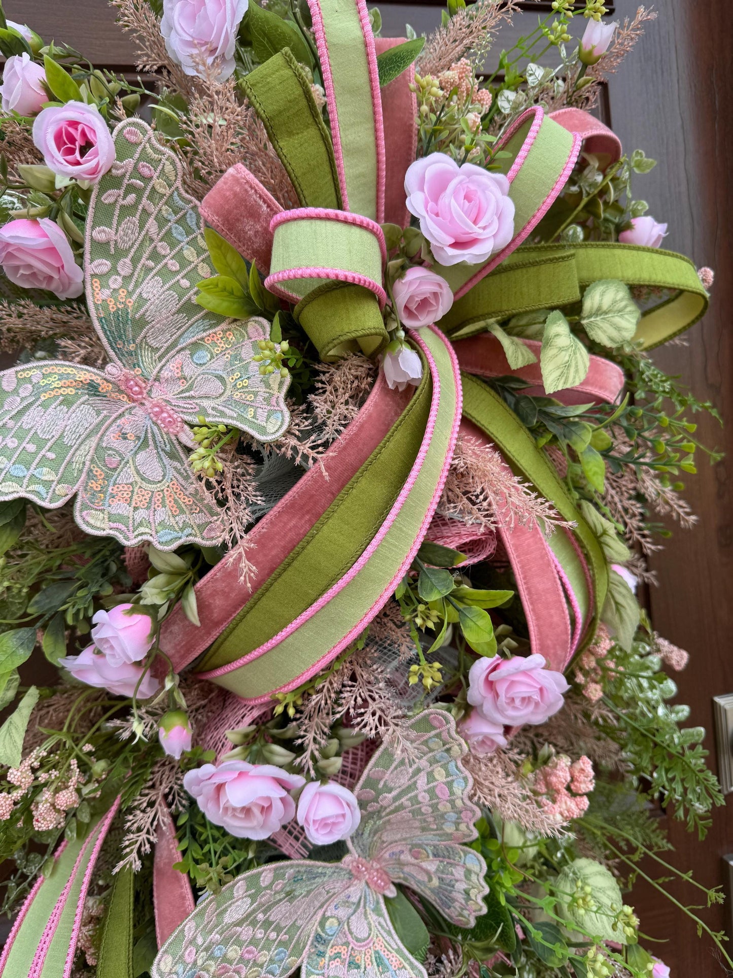 Pink and Green Butterfly Wreath, Spring Floral Swag, Romantic Rose Door Hanger, Garden Inspired Spring Home Decor