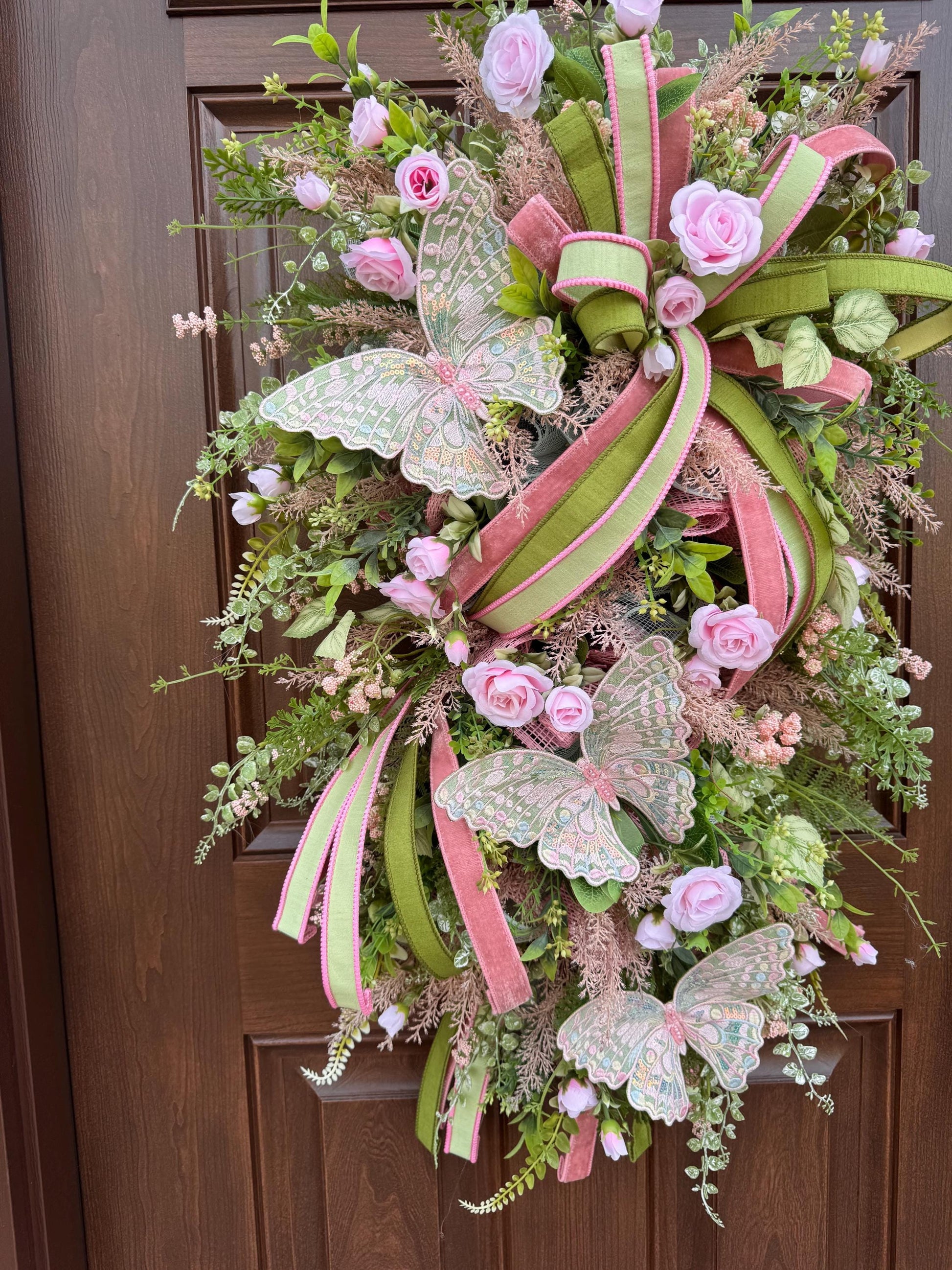 Pink and Green Butterfly Wreath, Spring Floral Swag, Romantic Rose Door Hanger, Garden Inspired Spring Home Decor