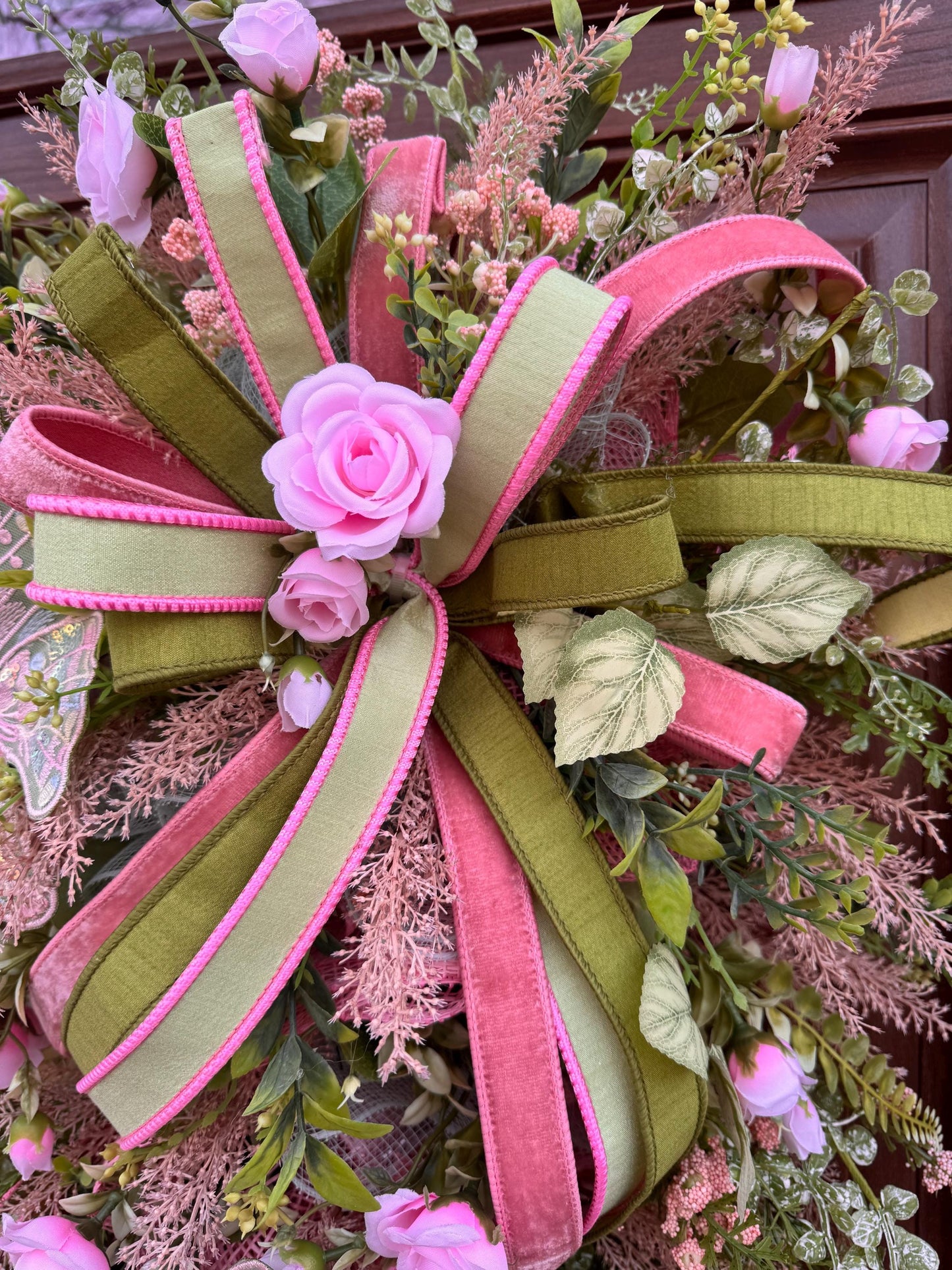 Pink and Green Butterfly Wreath, Spring Floral Swag, Romantic Rose Door Hanger, Garden Inspired Spring Home Decor