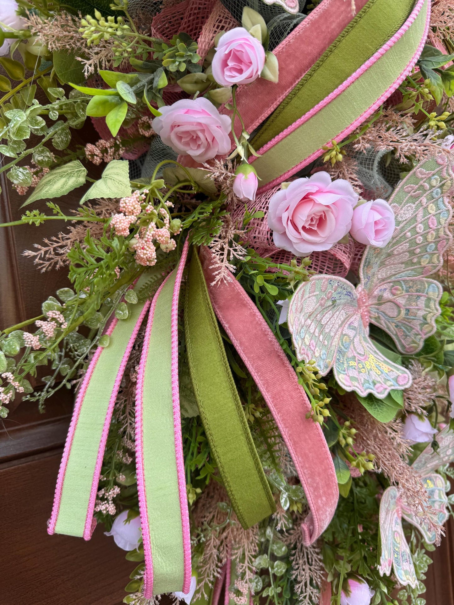 Pink and Green Butterfly Wreath, Spring Floral Swag, Romantic Rose Door Hanger, Garden Inspired Spring Home Decor