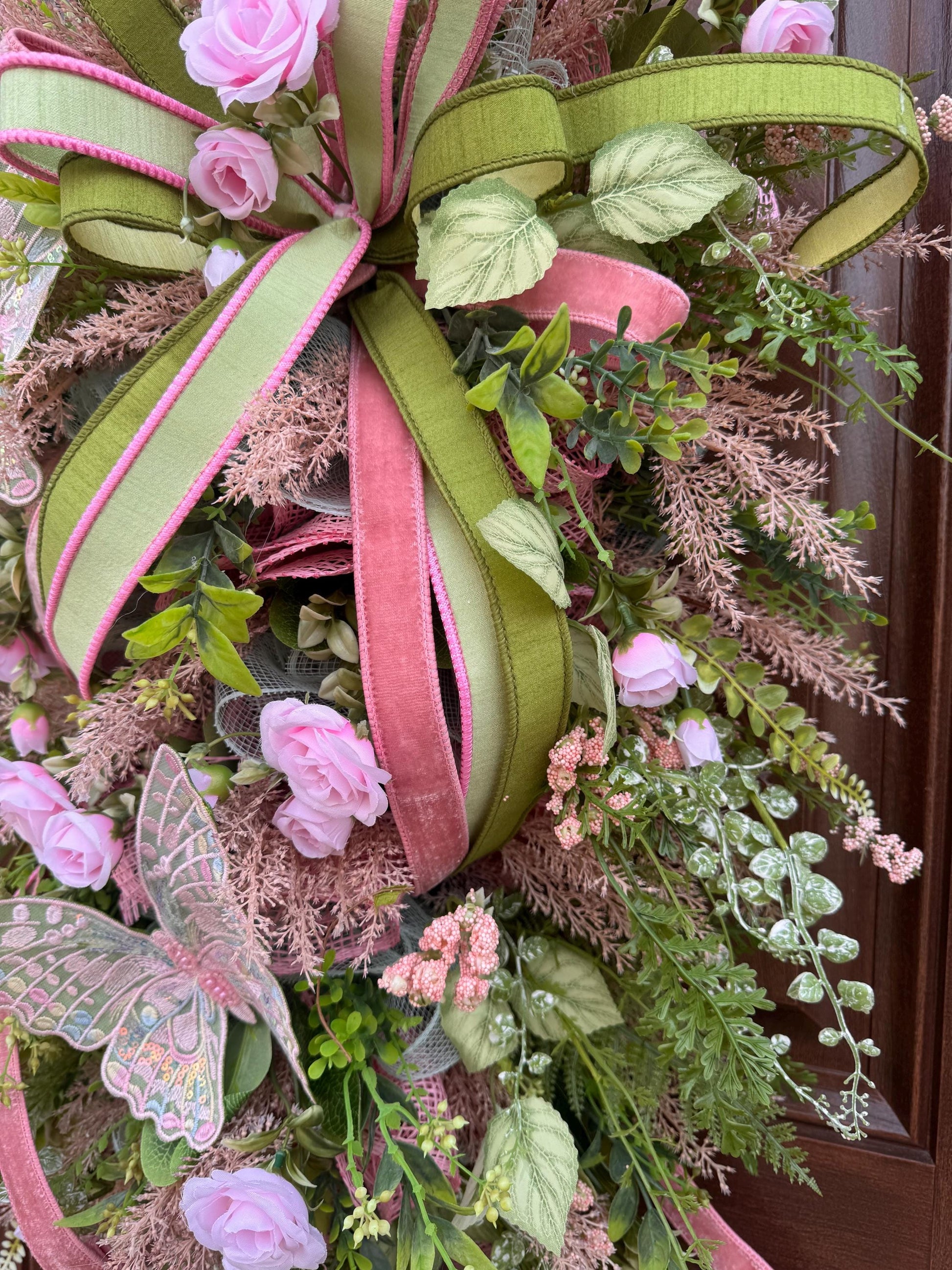 Pink and Green Butterfly Wreath, Spring Floral Swag, Romantic Rose Door Hanger, Garden Inspired Spring Home Decor