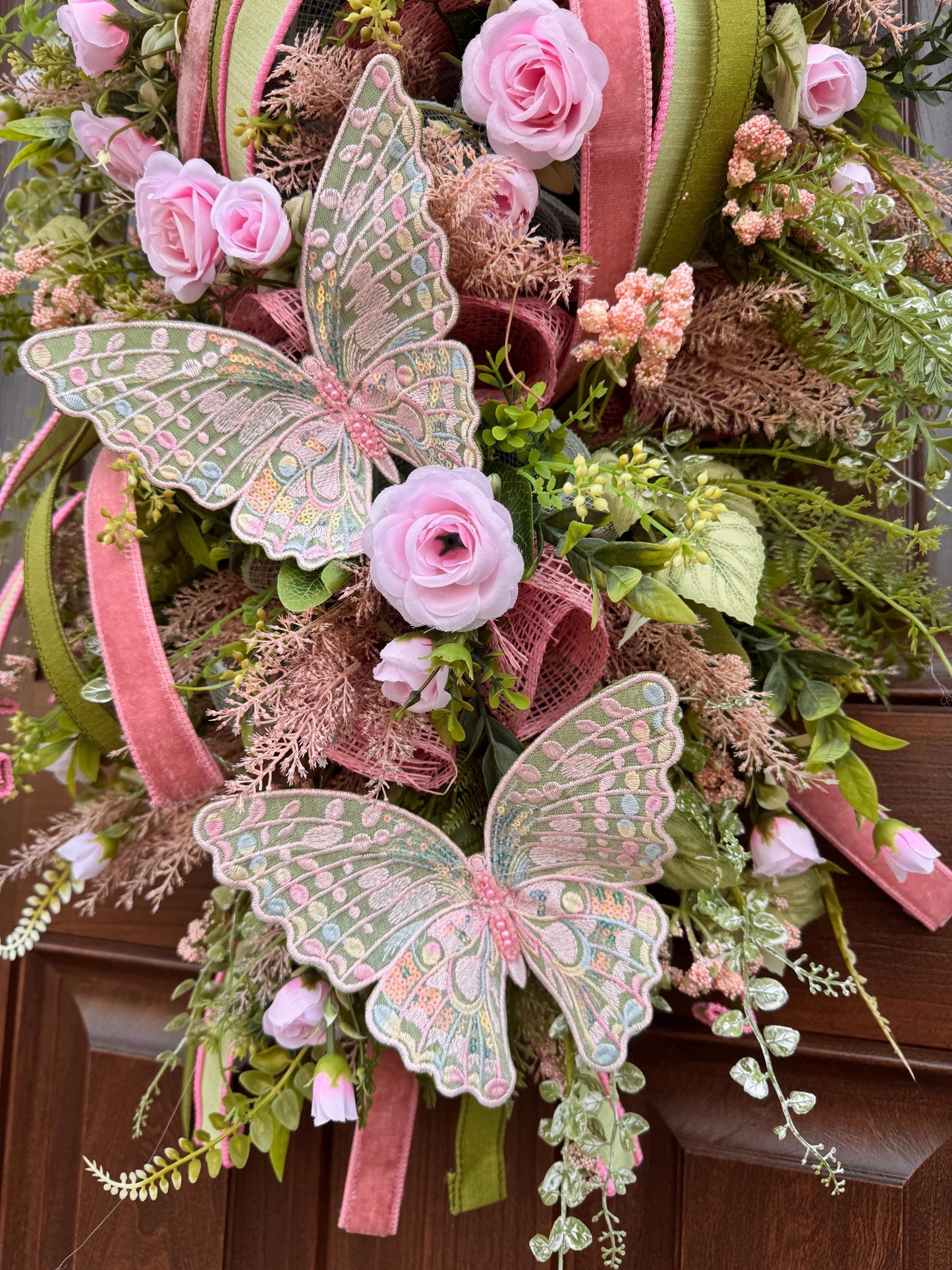Pink and Green Butterfly Wreath, Spring Floral Swag, Romantic Rose Door Hanger, Garden Inspired Spring Home Decor