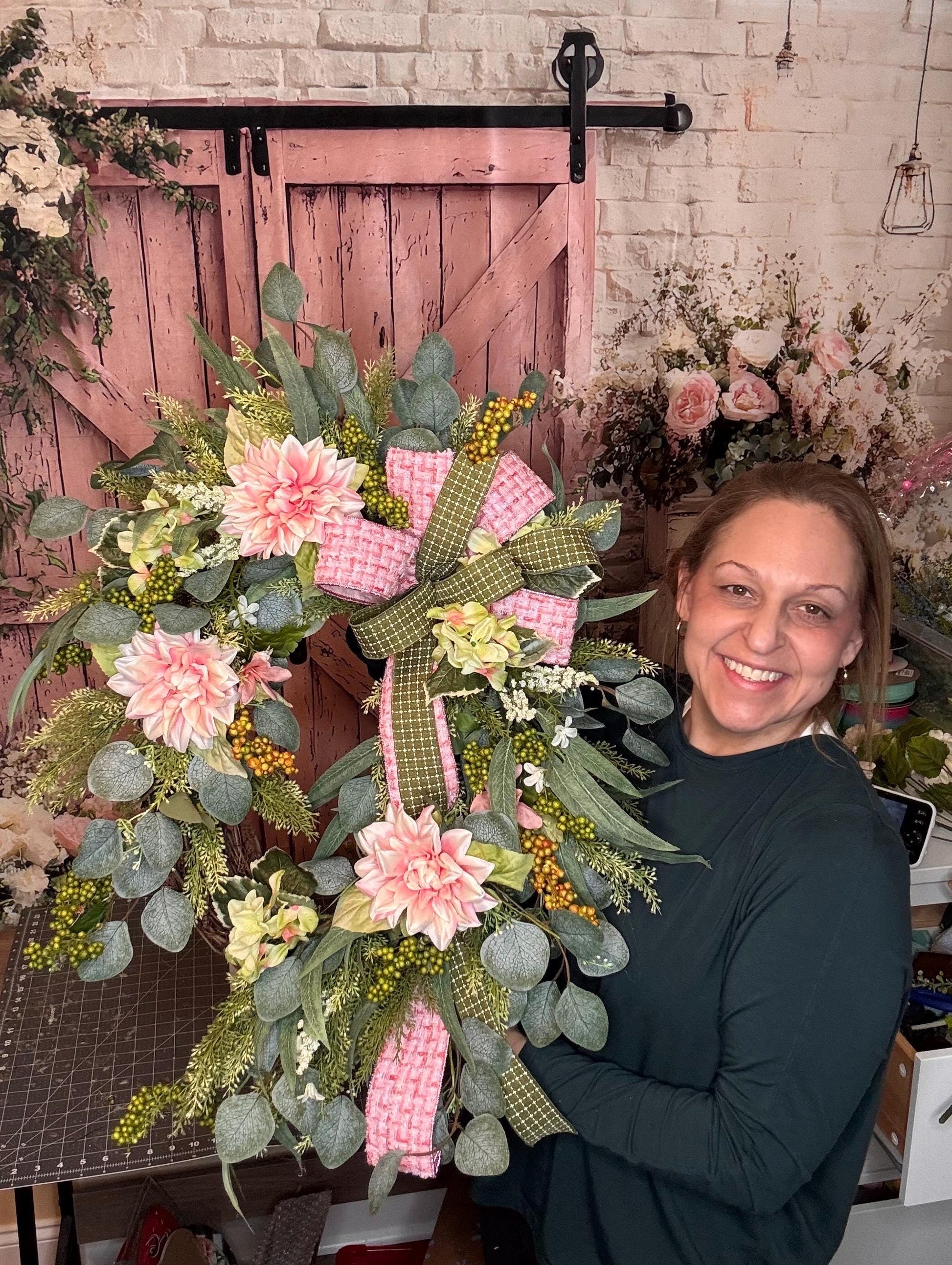 Pink Spring Grapevine Wreath with Greenery, Floral Front Door Wreath