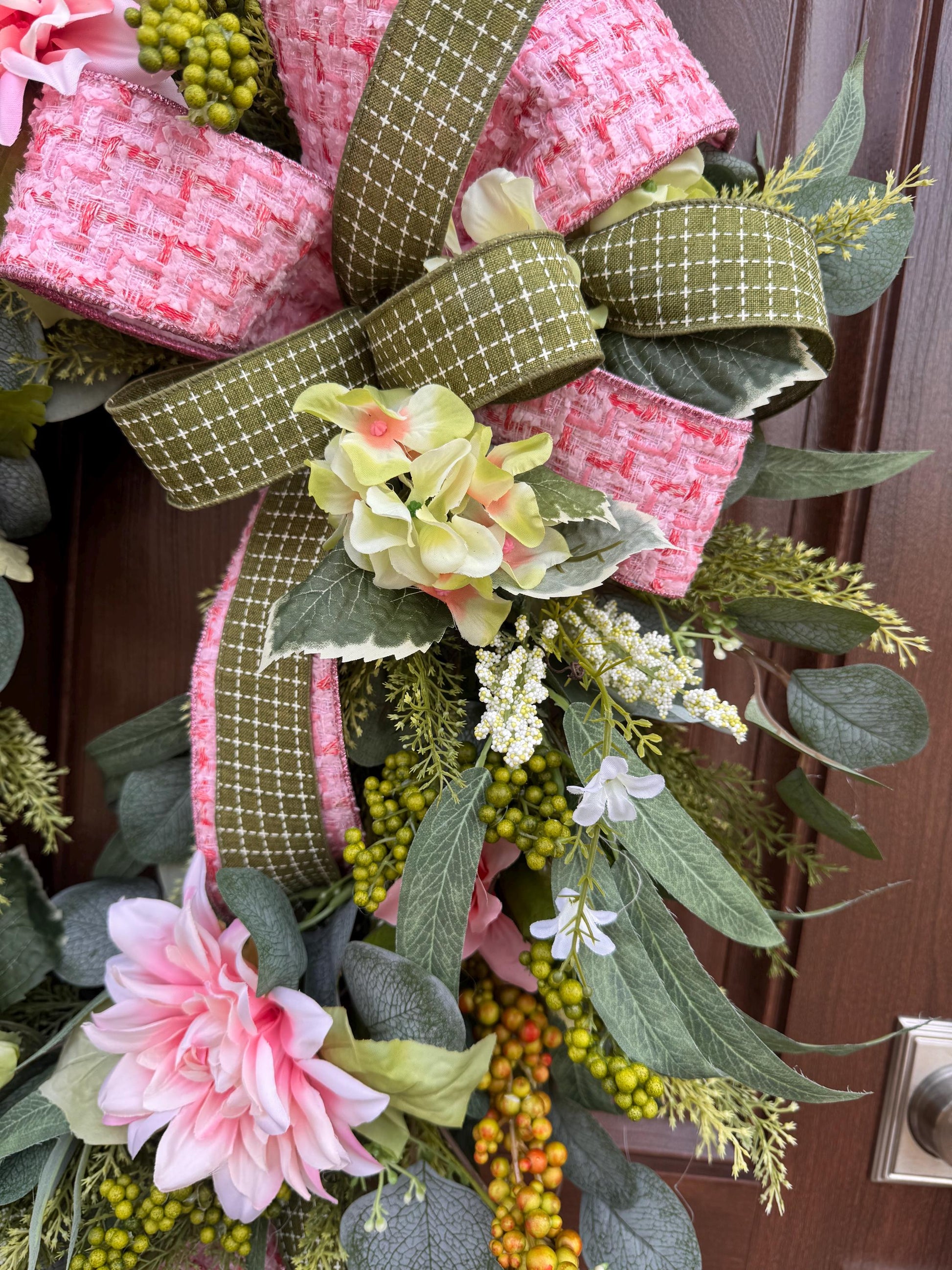 Pink Spring Grapevine Wreath with Greenery, Floral Front Door Wreath