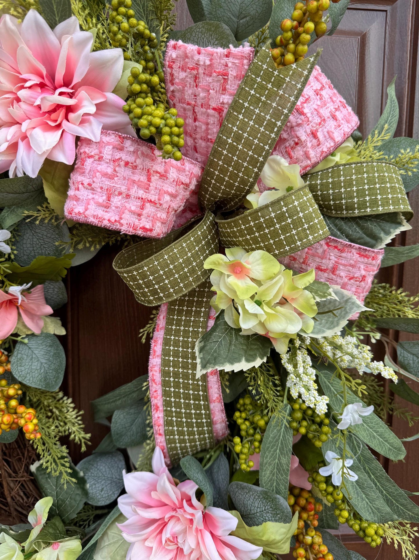 Pink Spring Grapevine Wreath with Greenery, Floral Front Door Wreath