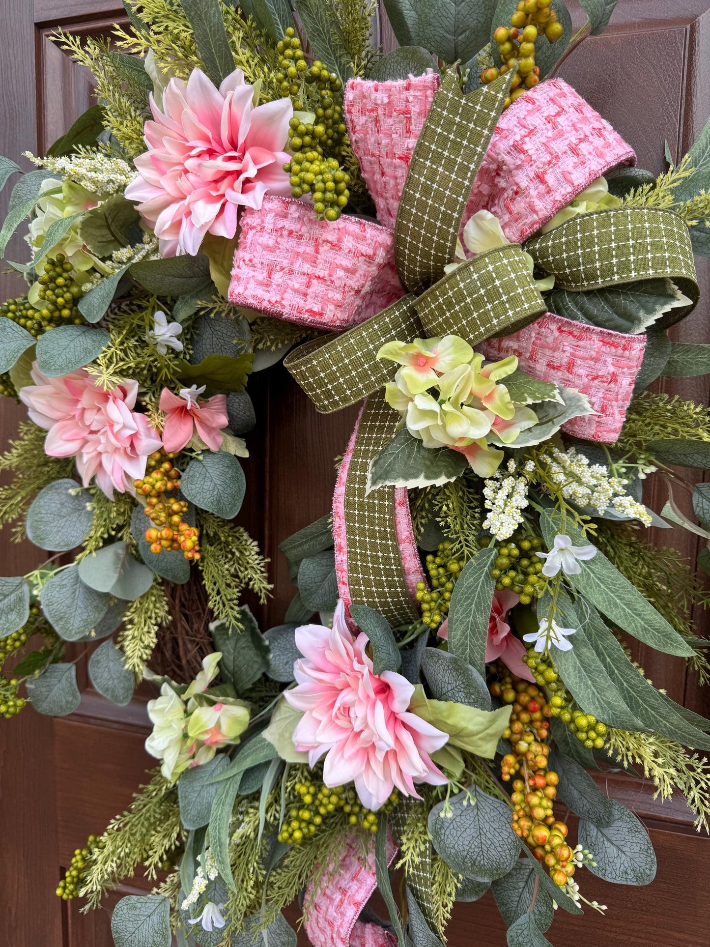 Pink Spring Grapevine Wreath with Greenery, Floral Front Door Wreath