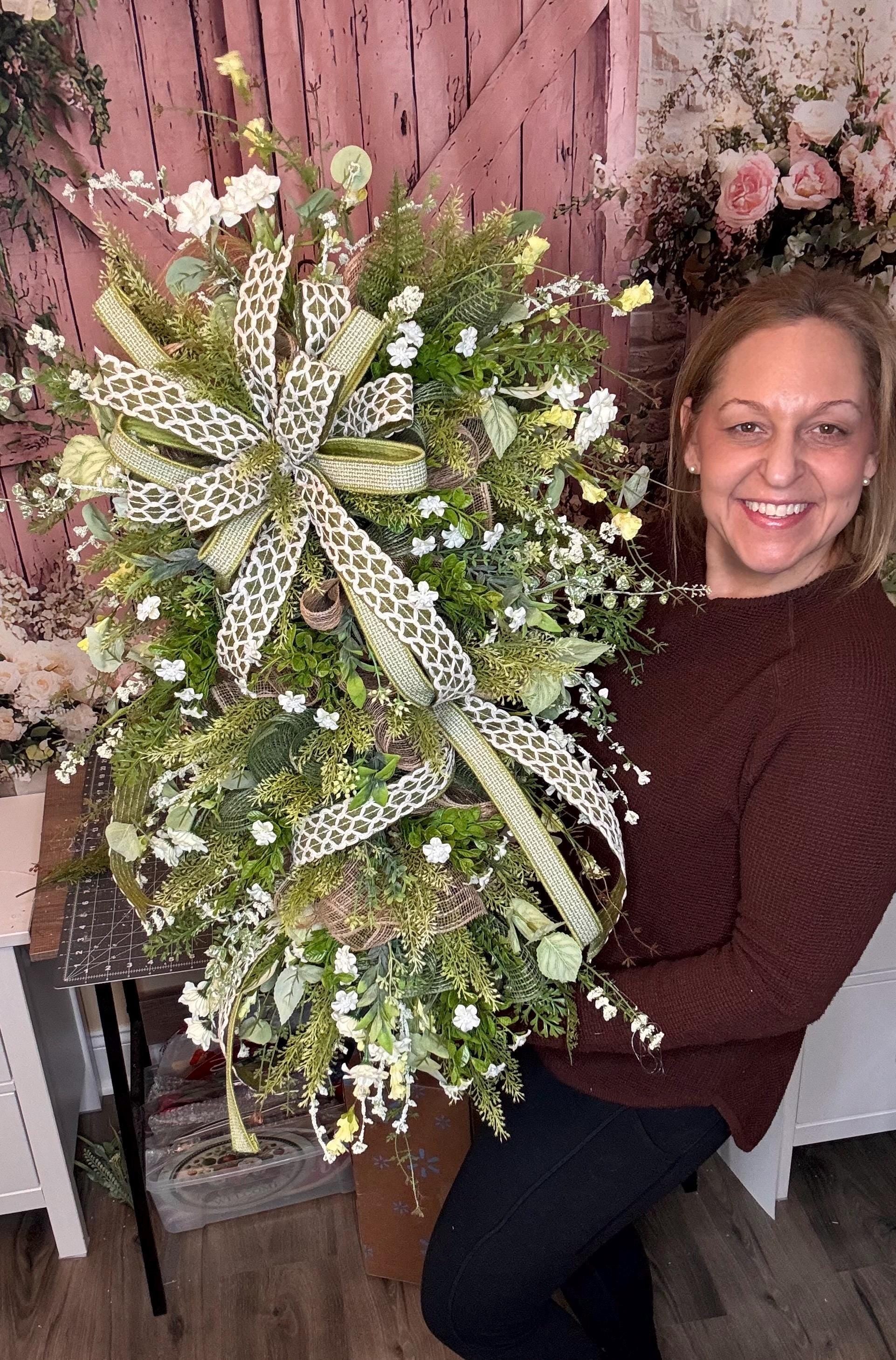 Spring Greenery Door Swag Wreath, Neutral Front Door Decor, Farmhouse Floral Wreath with Large Bow, Everyday Porch Decor