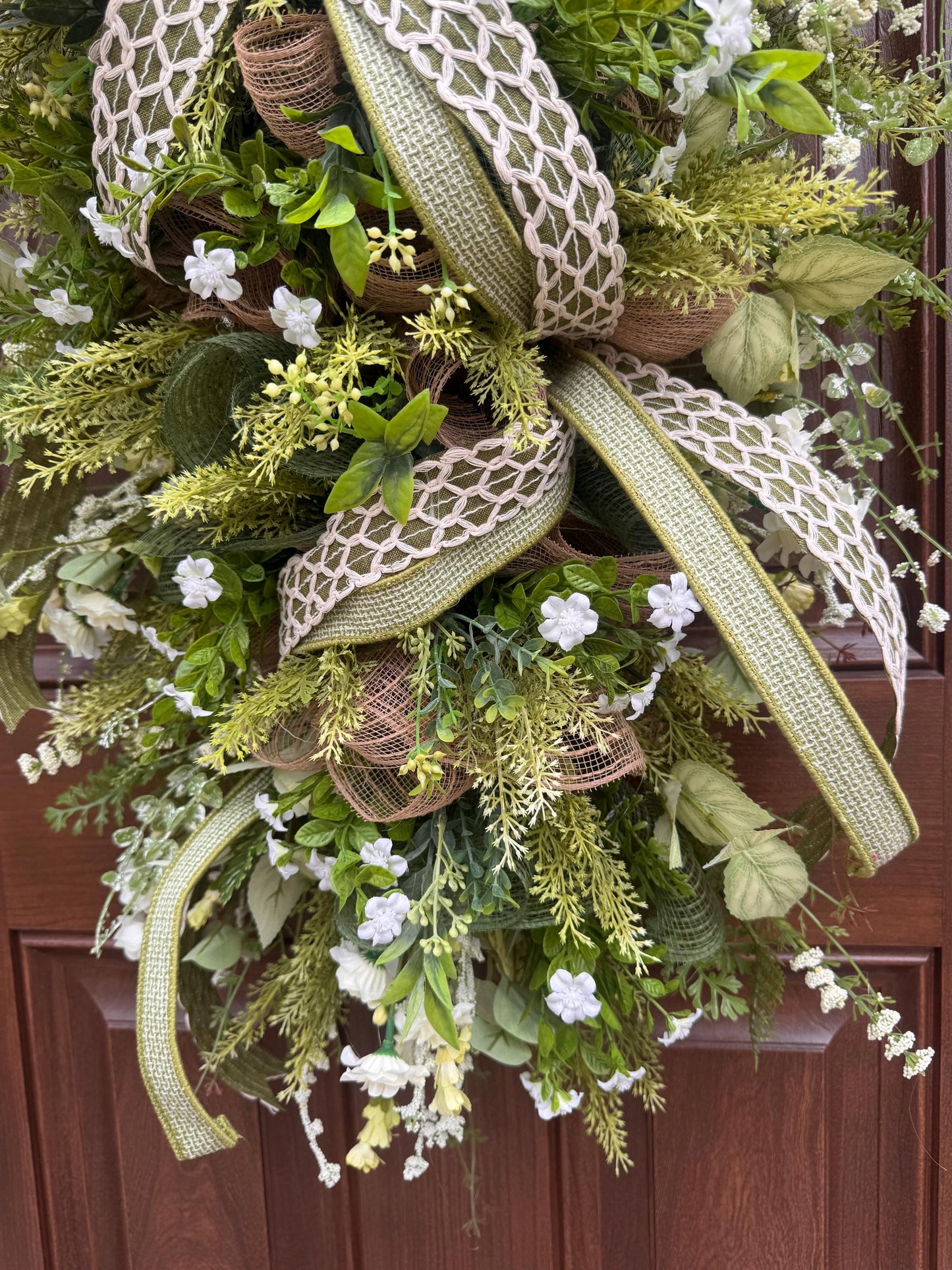 Spring Greenery Door Swag Wreath, Neutral Front Door Decor, Farmhouse Floral Wreath with Large Bow, Everyday Porch Decor