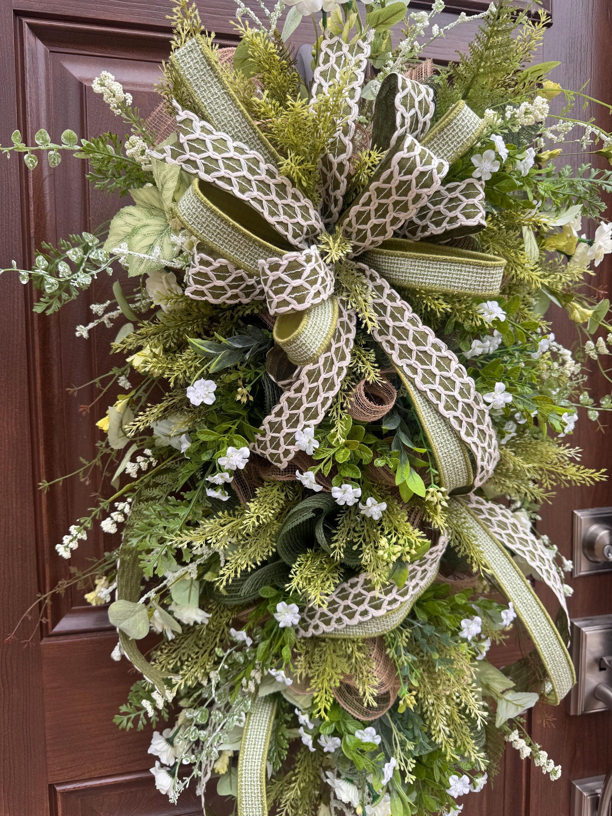 Spring Greenery Door Swag Wreath, Neutral Front Door Decor, Farmhouse Floral Wreath with Large Bow, Everyday Porch Decor
