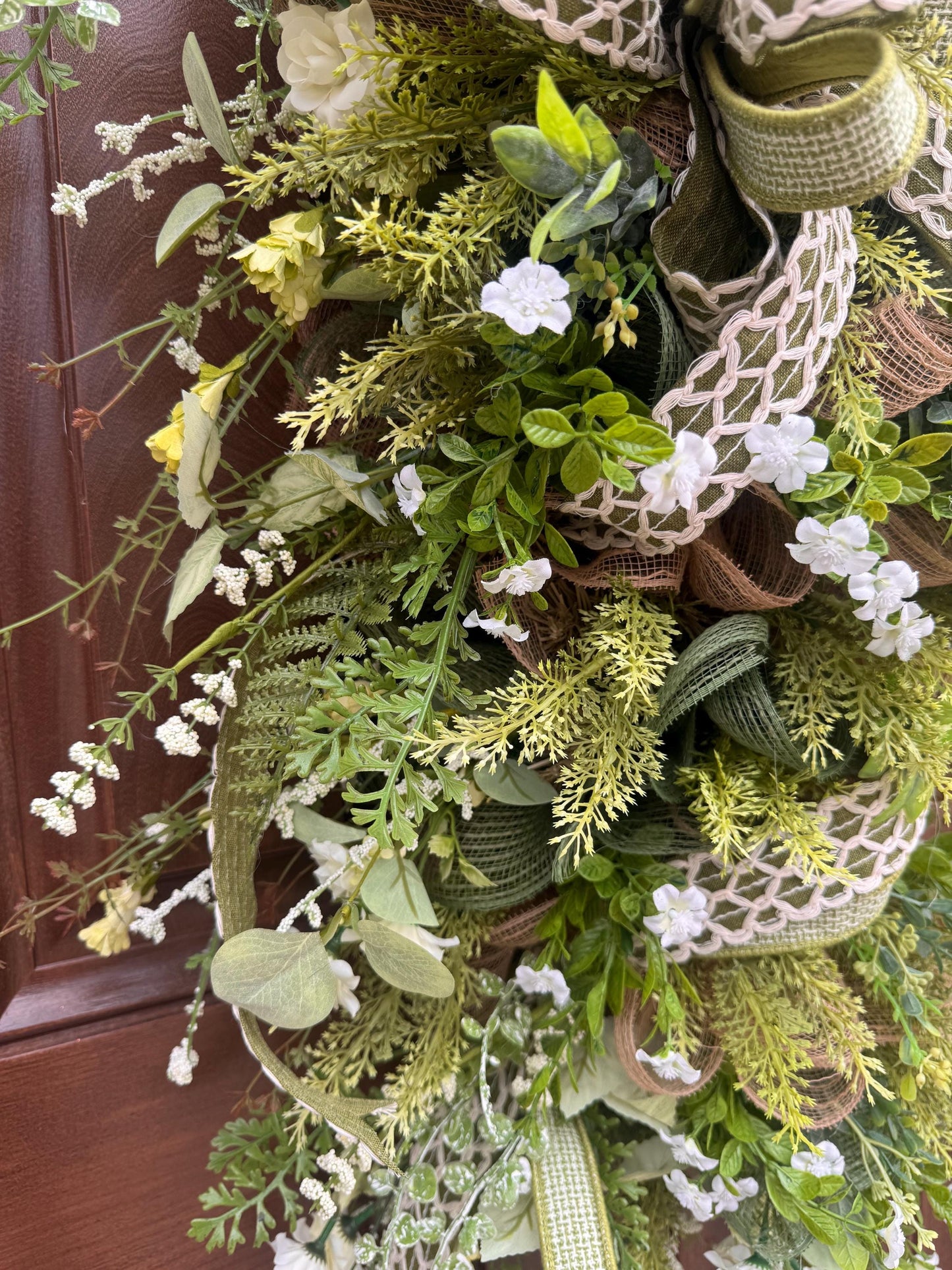 Spring Greenery Door Swag Wreath, Neutral Front Door Decor, Farmhouse Floral Wreath with Large Bow, Everyday Porch Decor