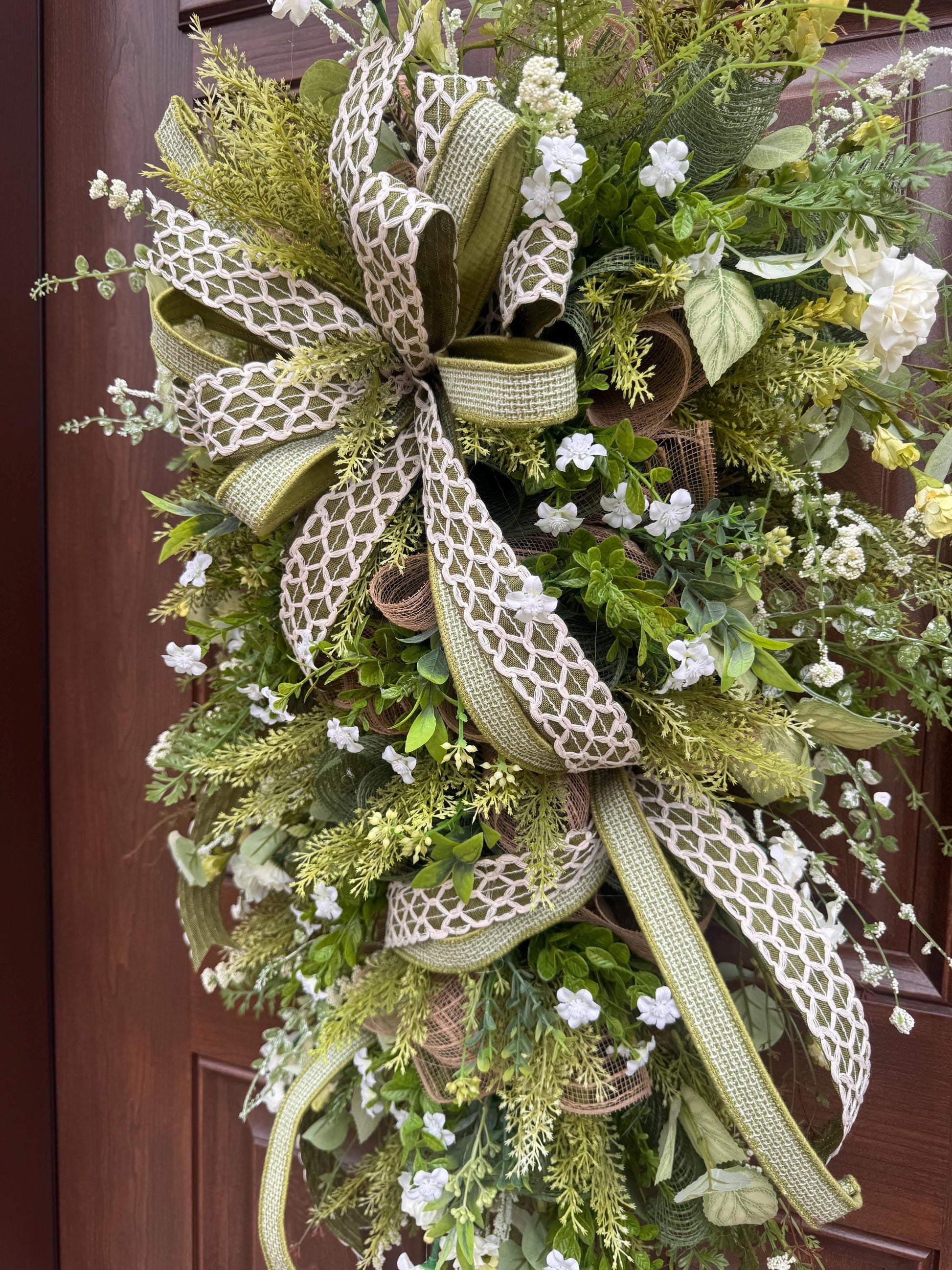 Spring Greenery Door Swag Wreath, Neutral Front Door Decor, Farmhouse Floral Wreath with Large Bow, Everyday Porch Decor