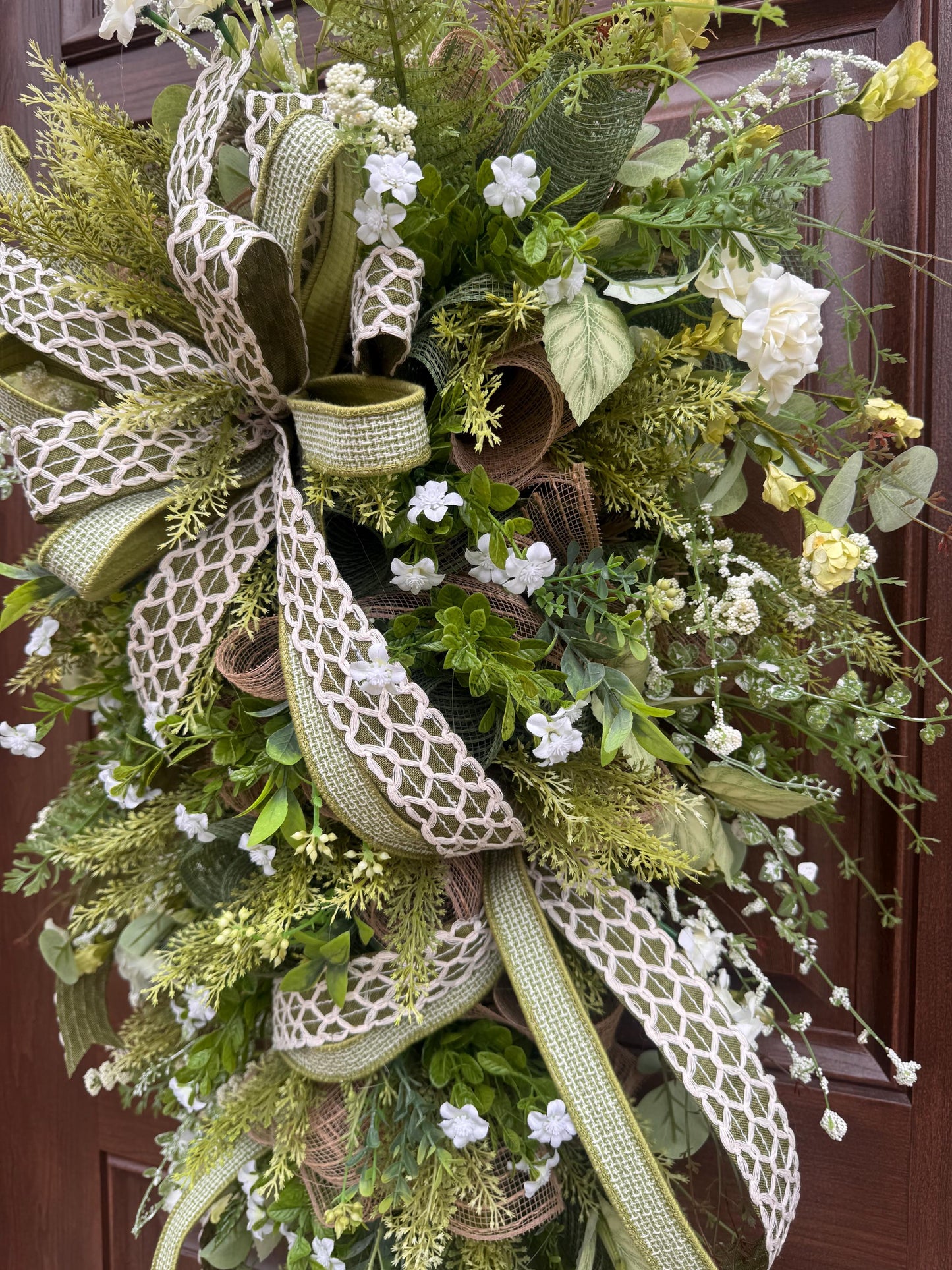 Spring Greenery Door Swag Wreath, Neutral Front Door Decor, Farmhouse Floral Wreath with Large Bow, Everyday Porch Decor