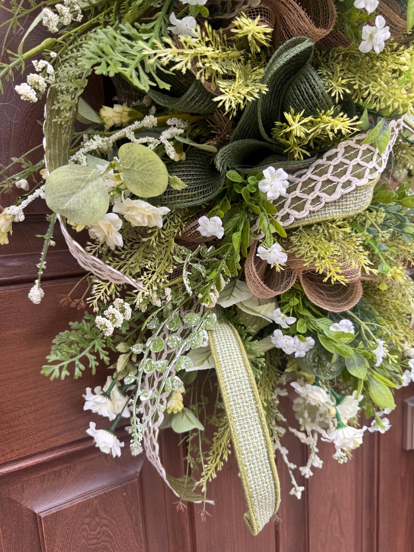 Spring Greenery Door Swag Wreath, Neutral Front Door Decor, Farmhouse Floral Wreath with Large Bow, Everyday Porch Decor