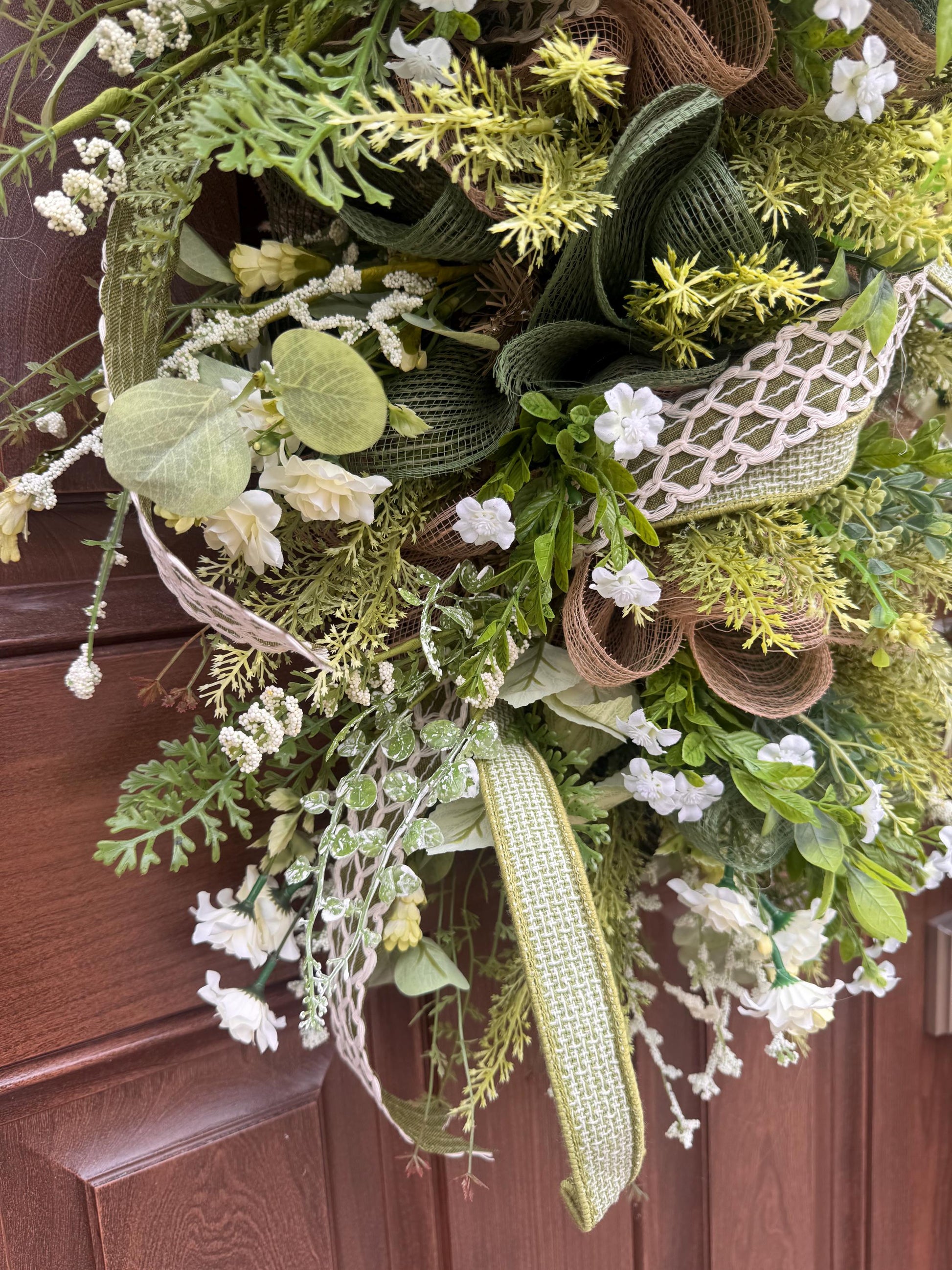 Spring Greenery Door Swag Wreath, Neutral Front Door Decor, Farmhouse Floral Wreath with Large Bow, Everyday Porch Decor