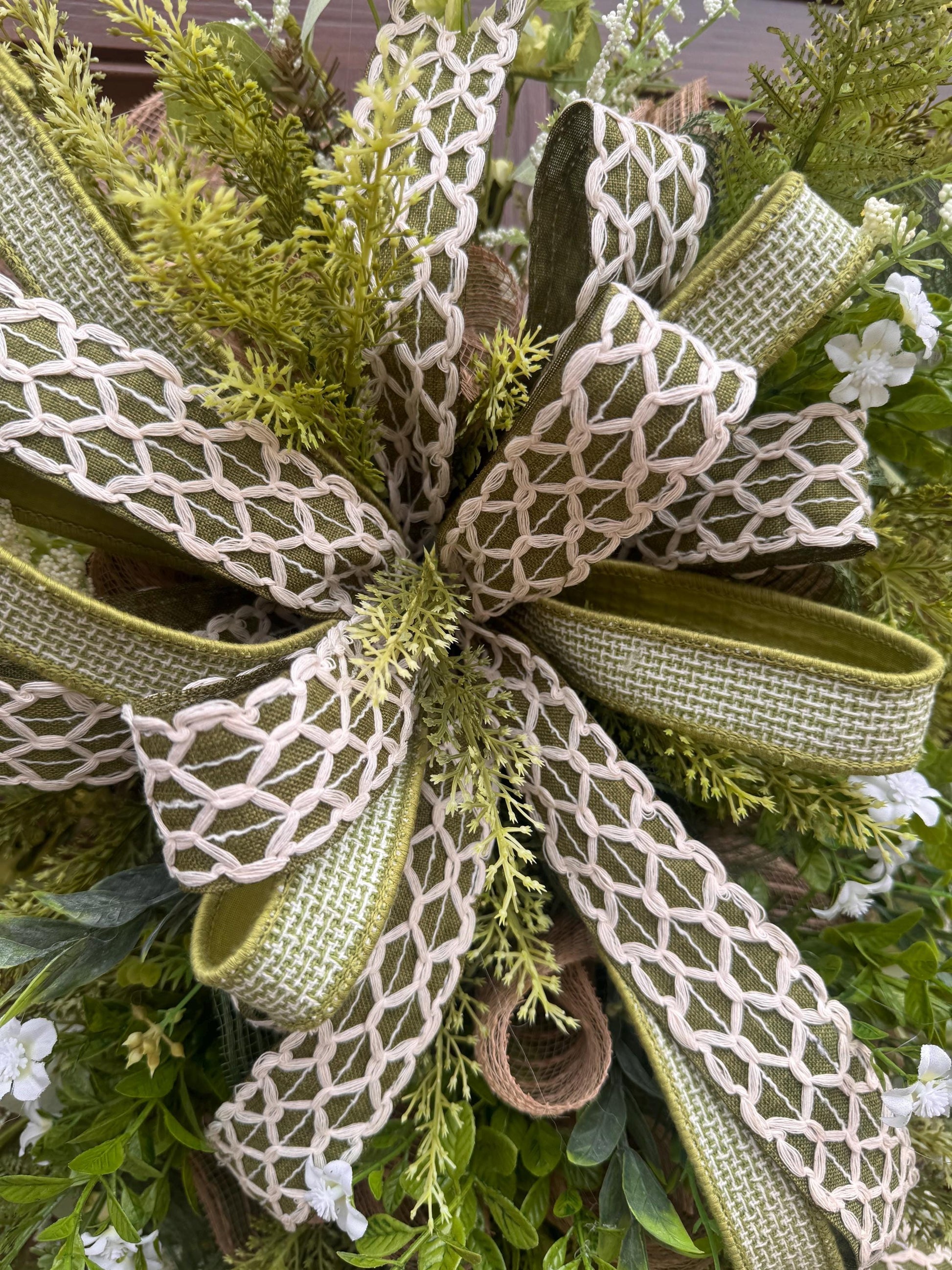 Spring Greenery Door Swag Wreath, Neutral Front Door Decor, Farmhouse Floral Wreath with Large Bow, Everyday Porch Decor