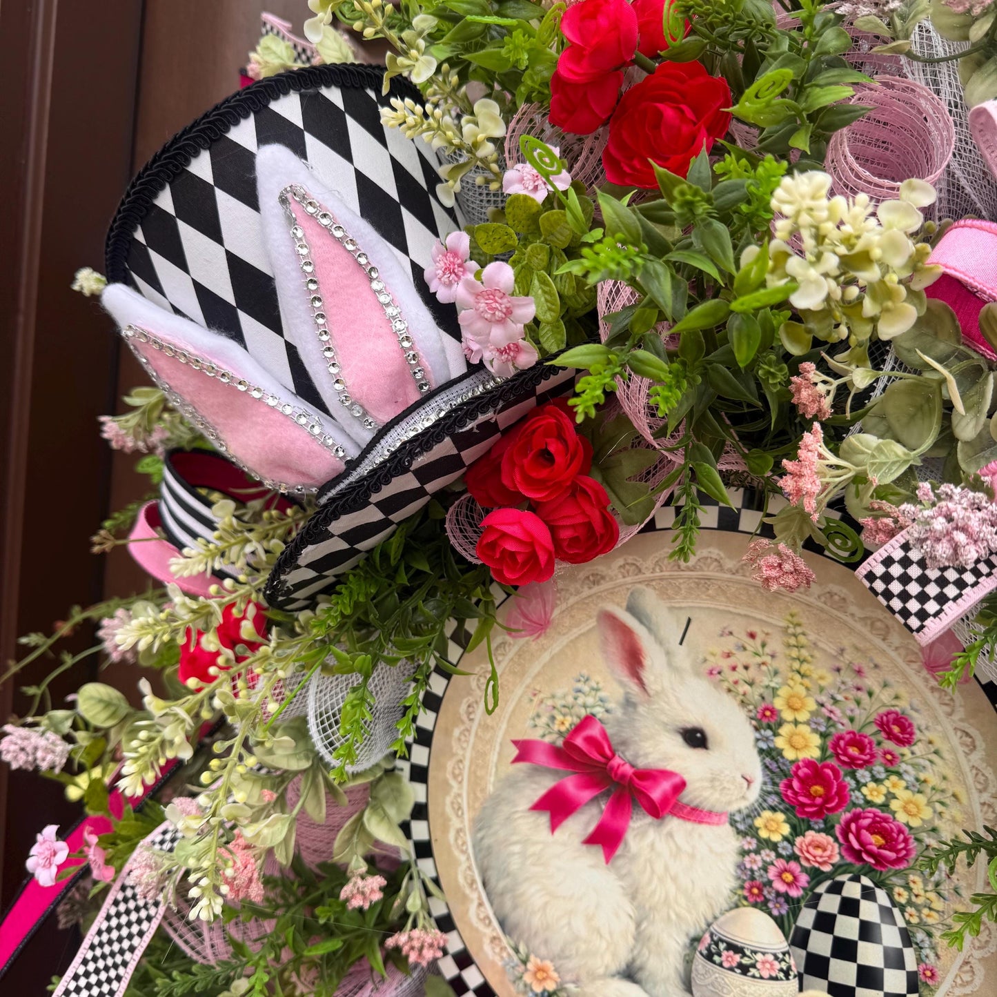 Whimsical Easter Bunny Wreath, Pink & Black Designer Spring Front Door Decor