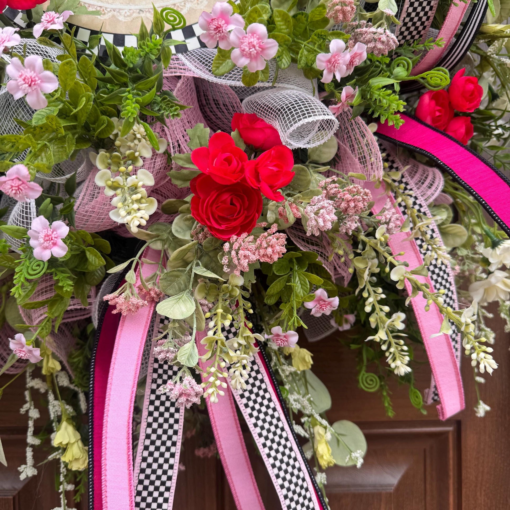 Whimsical Easter Bunny Wreath, Pink & Black Designer Spring Front Door Decor