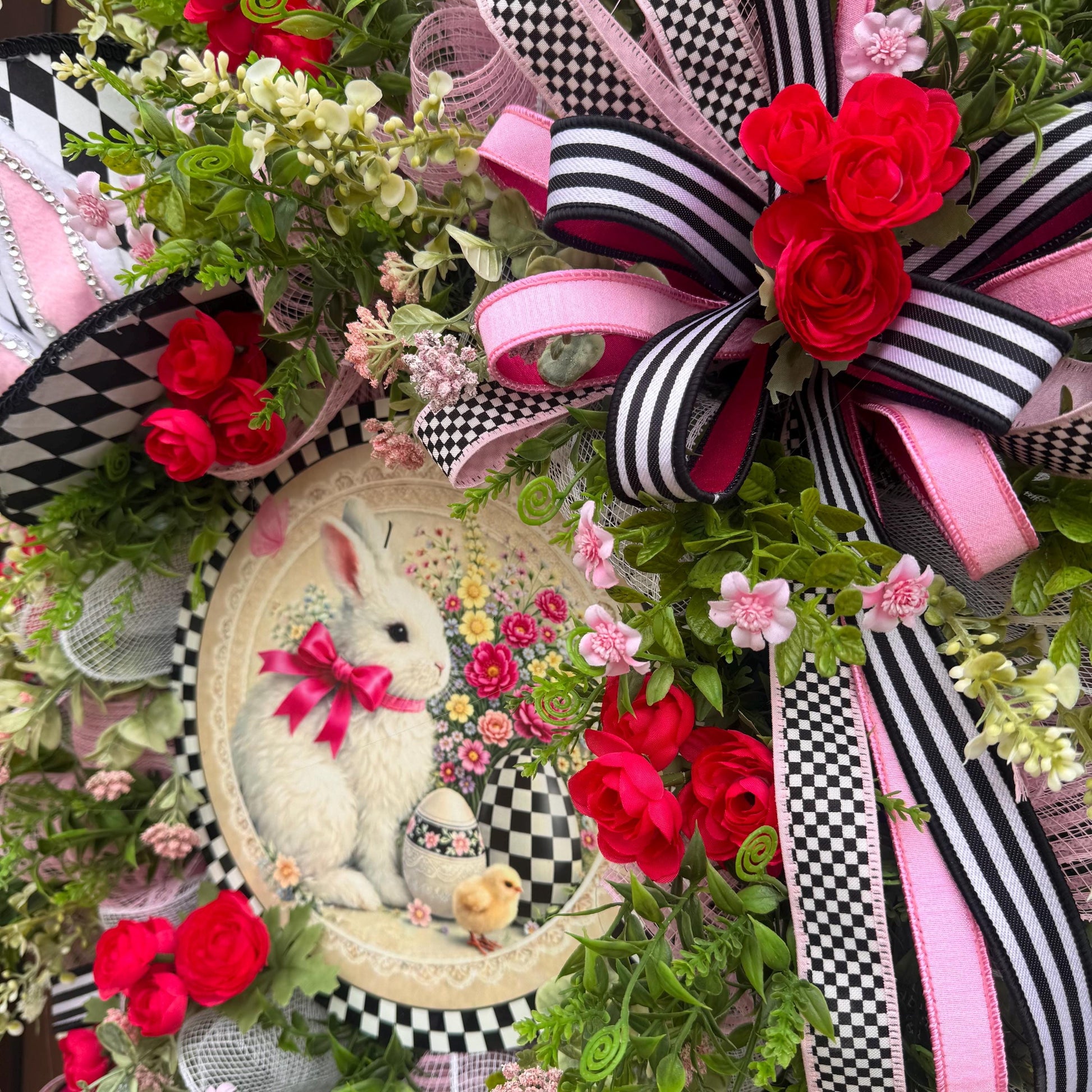 Whimsical Easter Bunny Wreath, Pink & Black Designer Spring Front Door Decor
