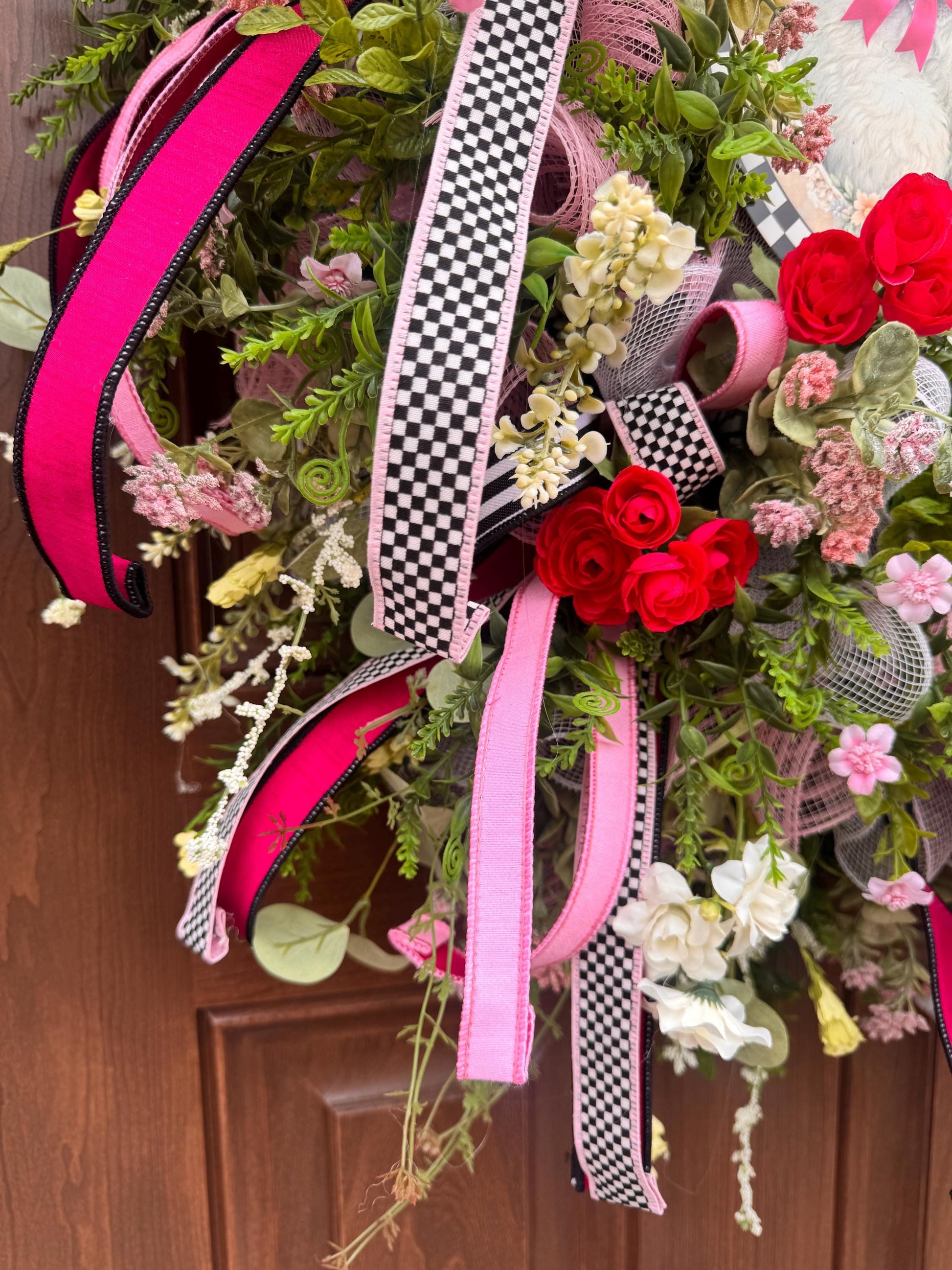 Whimsical Easter Bunny Wreath, Pink & Black Designer Spring Front Door Decor