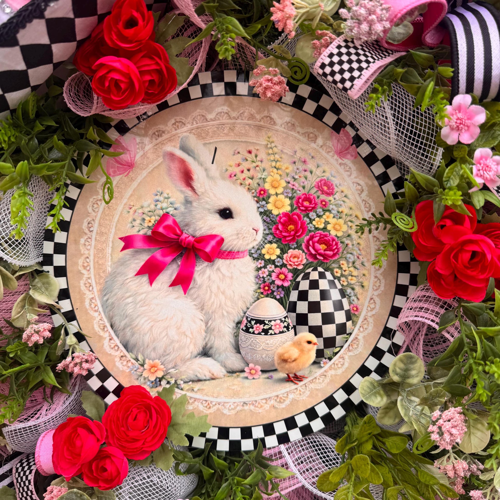 Whimsical Easter Bunny Wreath, Pink & Black Designer Spring Front Door Decor