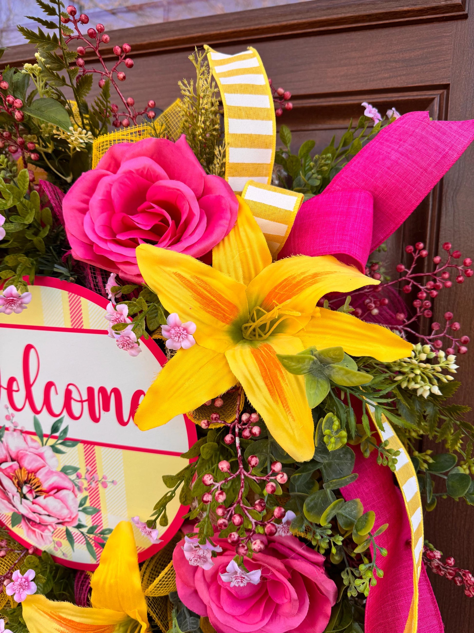Pink and Yellow Spring Wreath, Floral Front Door Decor, Tropical Summer Door Hanger