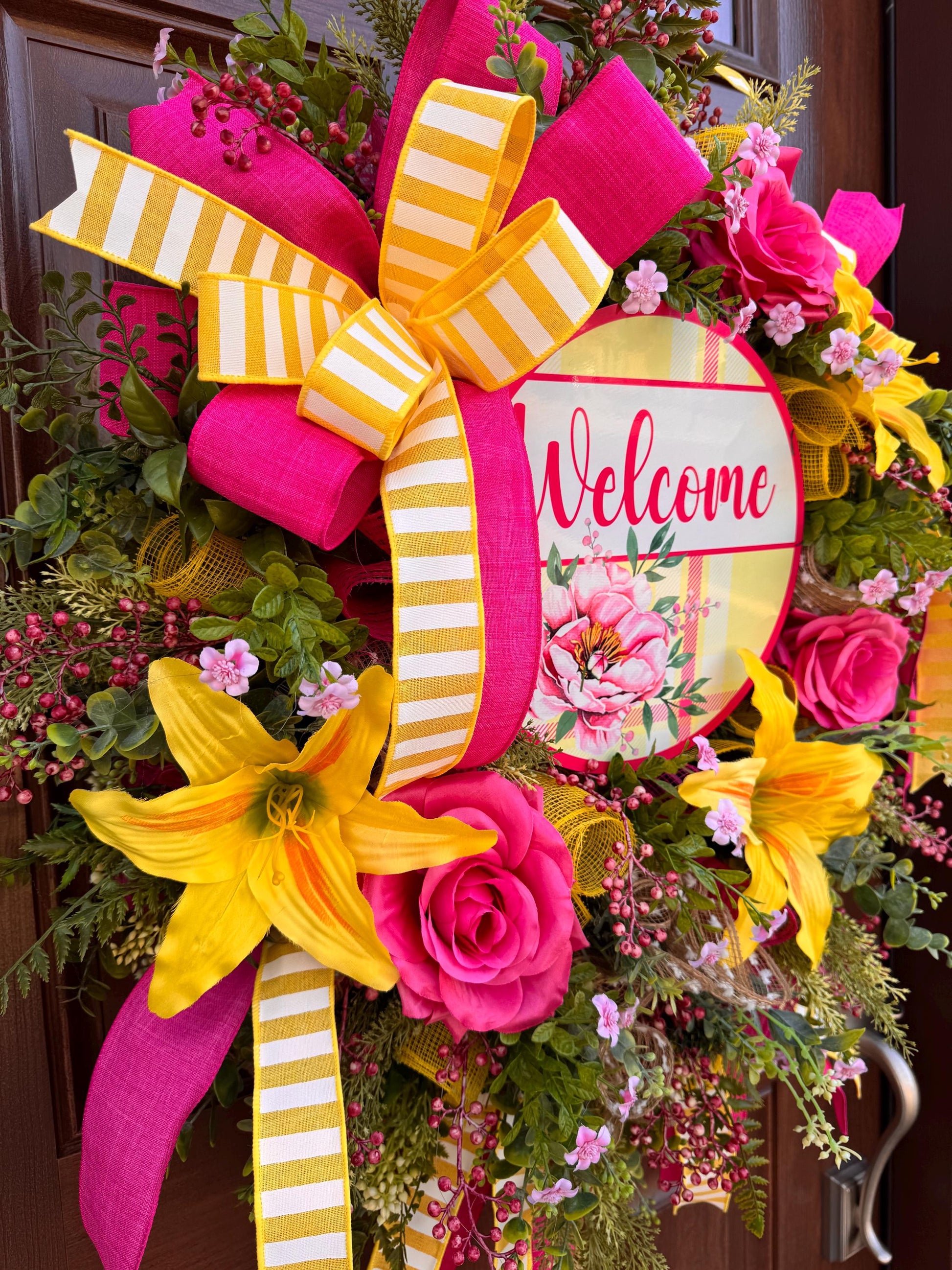 Pink and Yellow Spring Wreath, Floral Front Door Decor, Tropical Summer Door Hanger