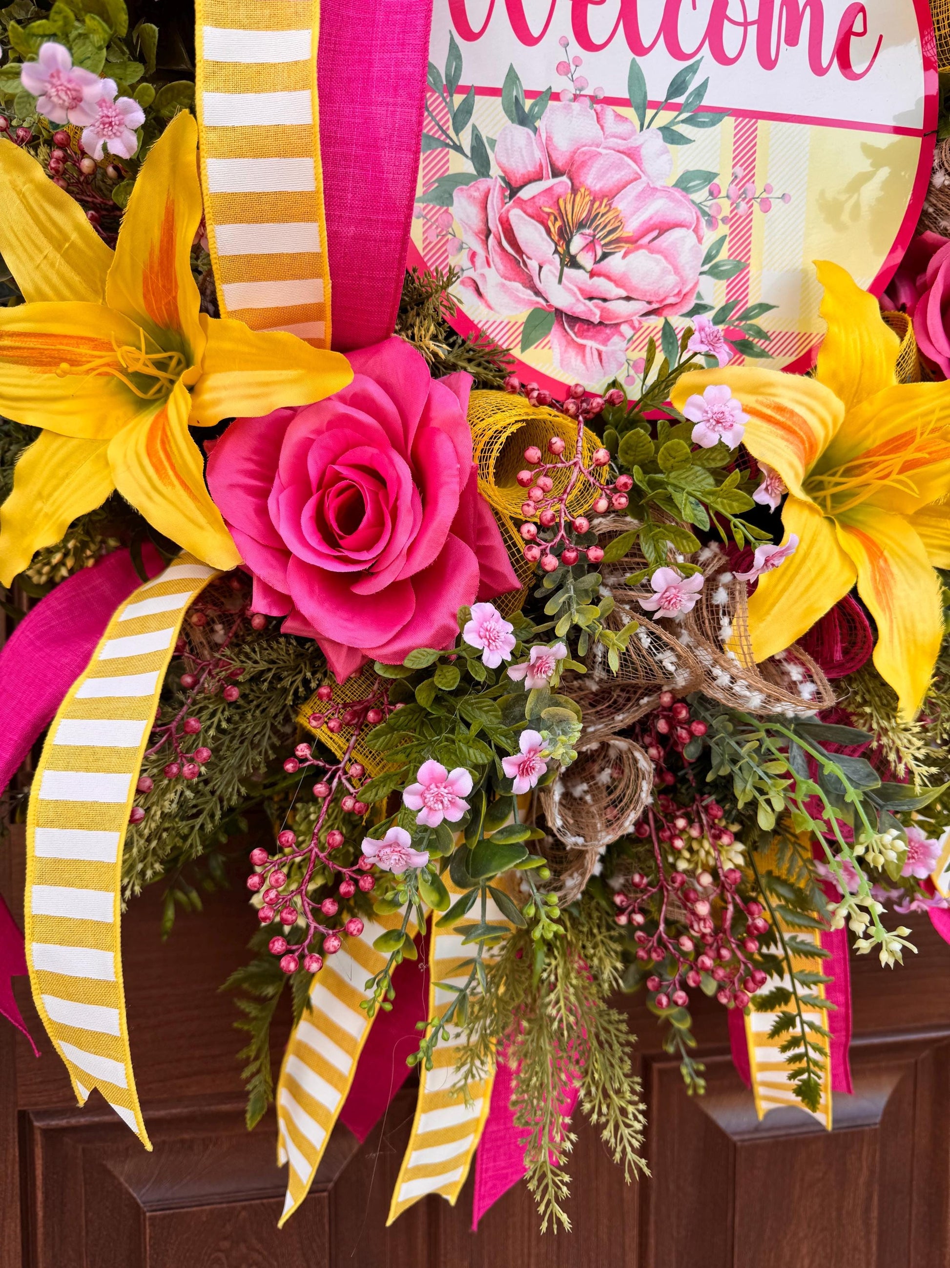 Pink and Yellow Spring Wreath, Floral Front Door Decor, Tropical Summer Door Hanger