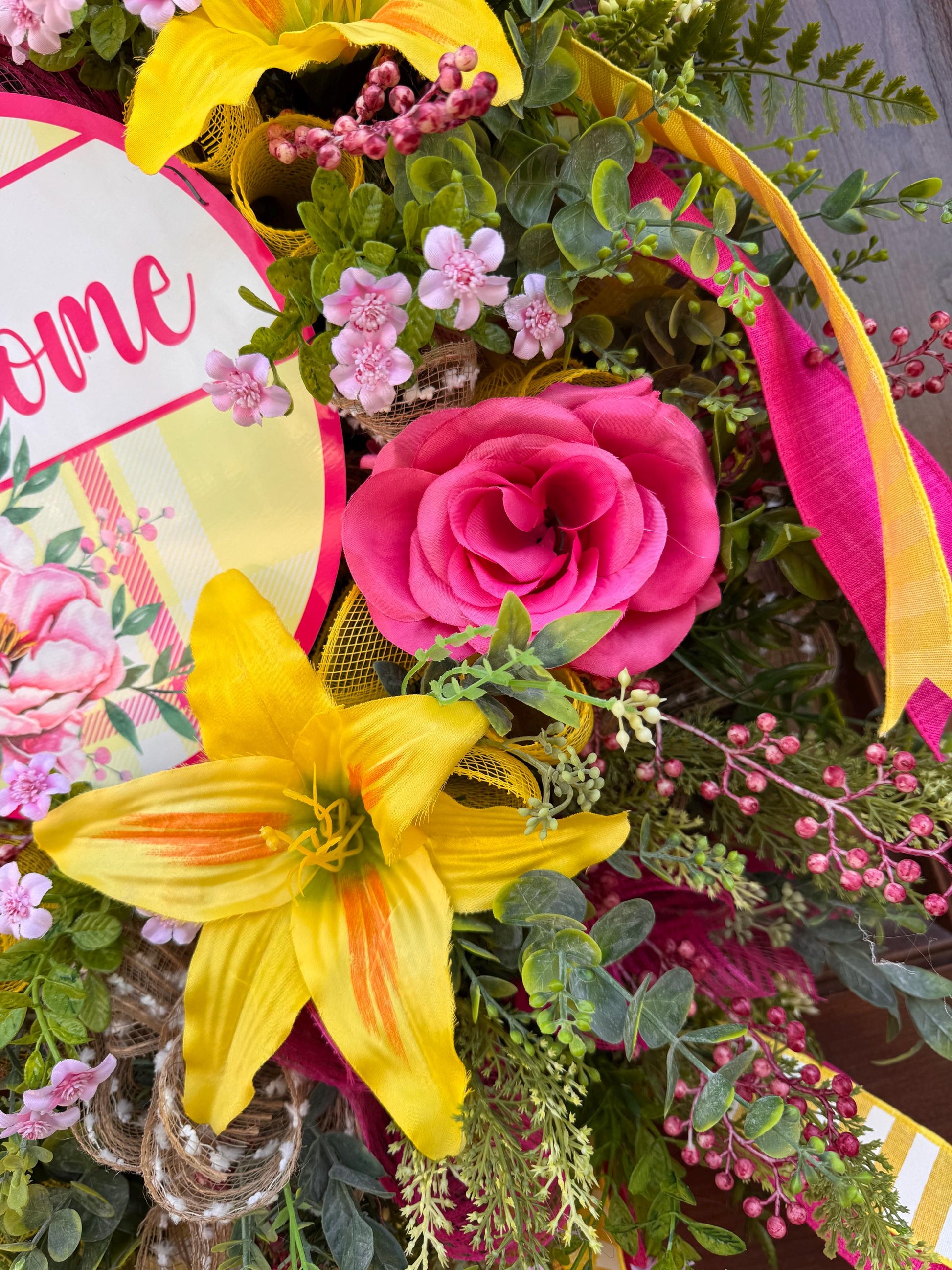 Pink and Yellow Spring Wreath, Floral Front Door Decor, Tropical Summer Door Hanger