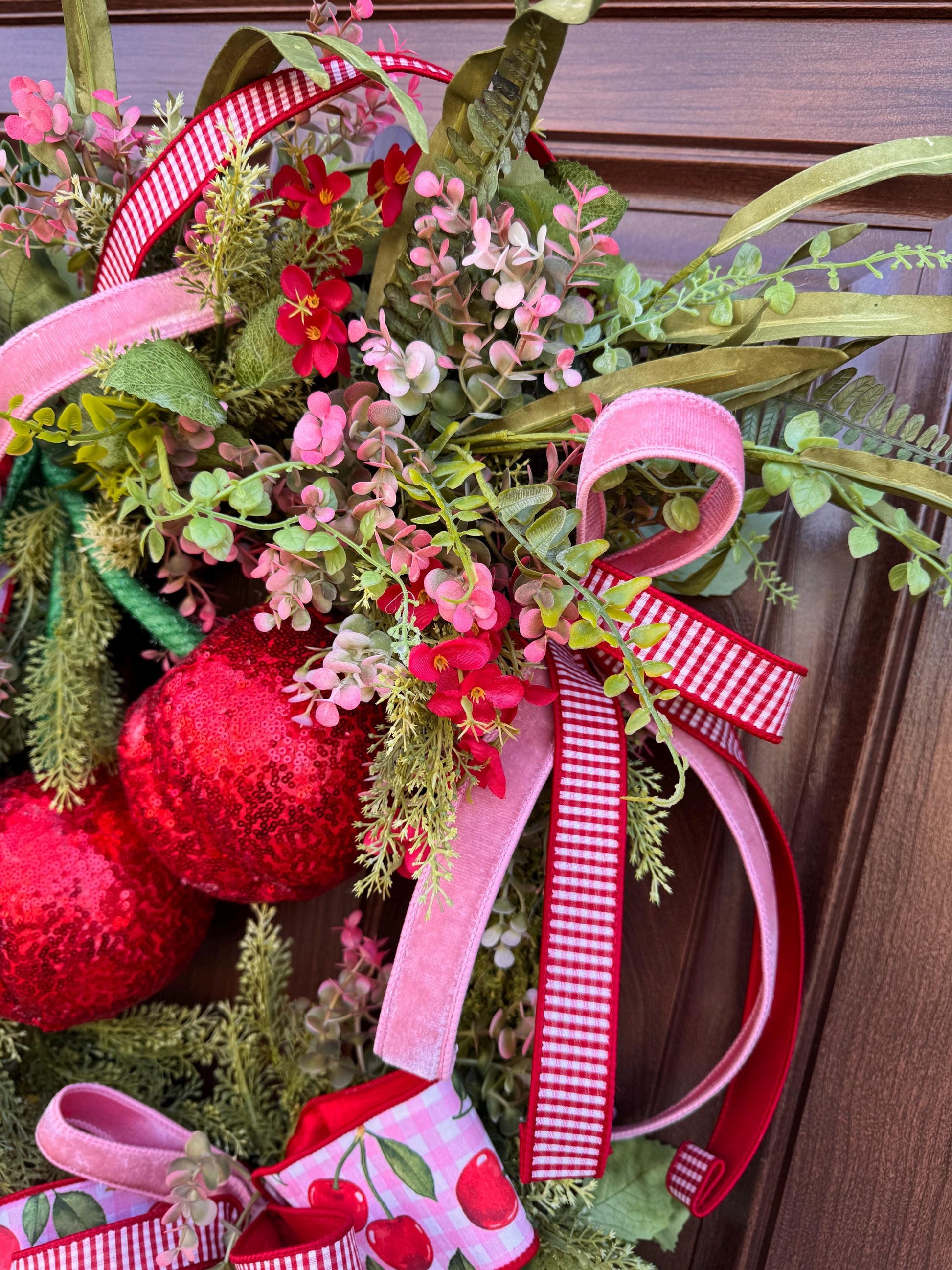 Pink Cherry Moss Wreath, Summer Decor for Outdoor Porch or Indoor Office, Cherry Door Decor, Spring Home Accent