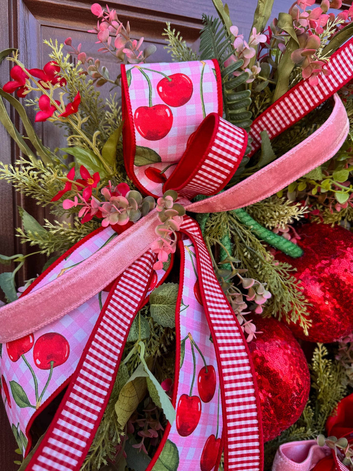 Pink Cherry Moss Wreath, Summer Decor for Outdoor Porch or Indoor Office, Cherry Door Decor, Spring Home Accent