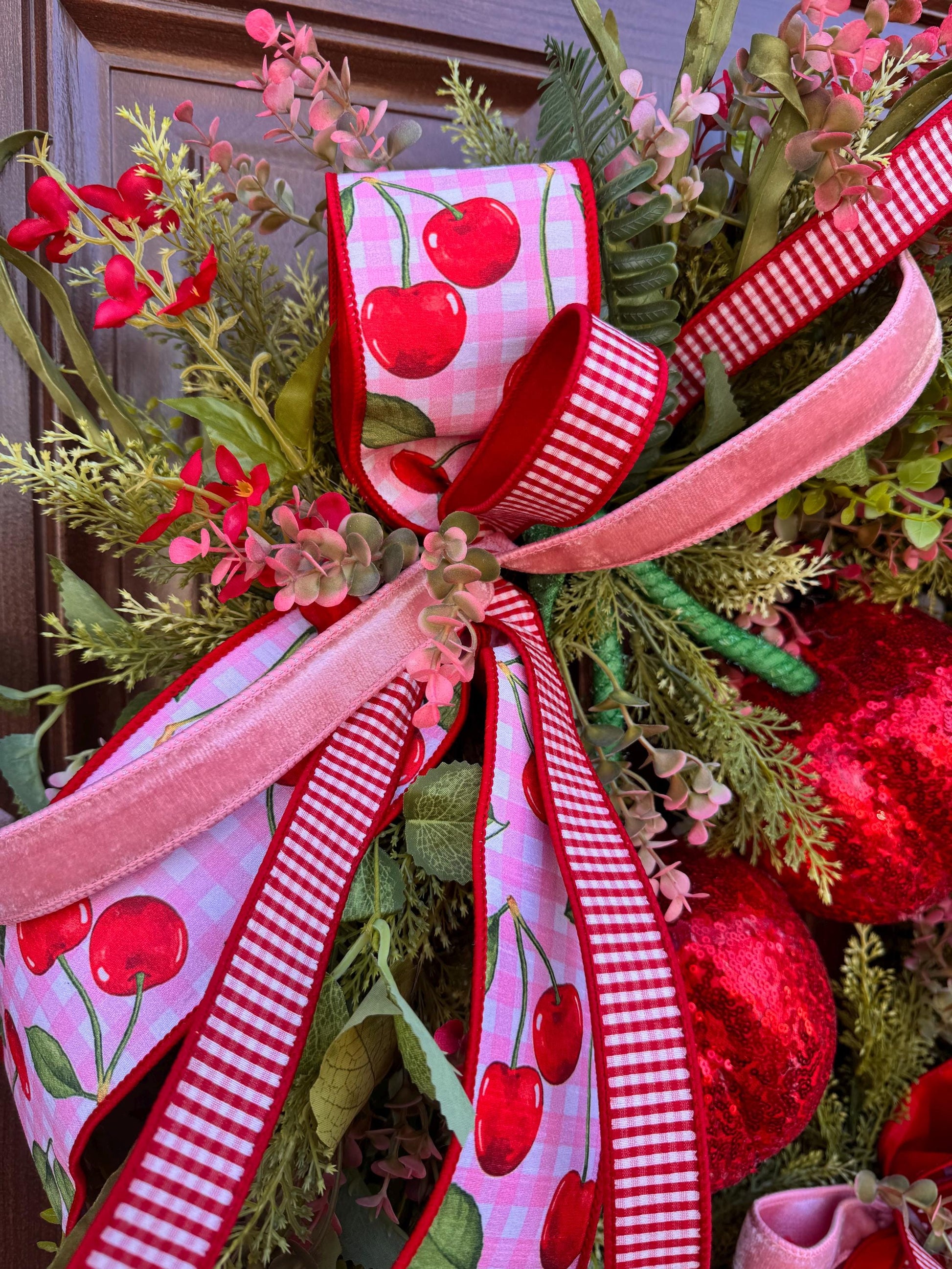 Pink Cherry Moss Wreath, Summer Decor for Outdoor Porch or Indoor Office, Cherry Door Decor, Spring Home Accent