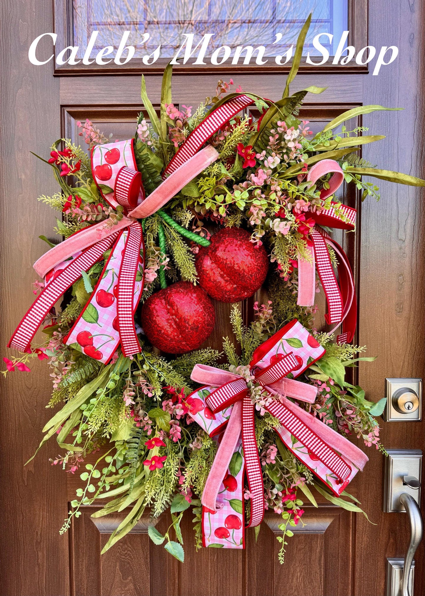 Pink Cherry Moss Wreath, Summer Decor for Outdoor Porch or Indoor Office, Cherry Door Decor, Spring Home Accent