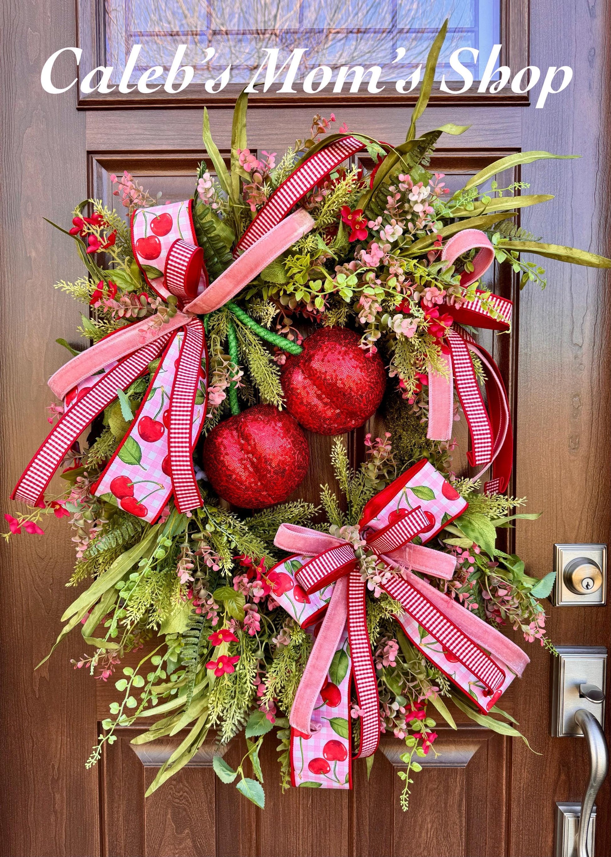 Pink Cherry Moss Wreath, Summer Decor for Outdoor Porch or Indoor Office, Cherry Door Decor, Spring Home Accent