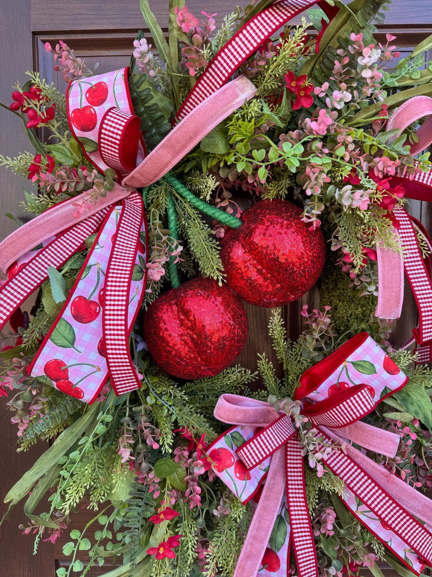 Pink Cherry Moss Wreath, Summer Decor for Outdoor Porch or Indoor Office, Cherry Door Decor, Spring Home Accent