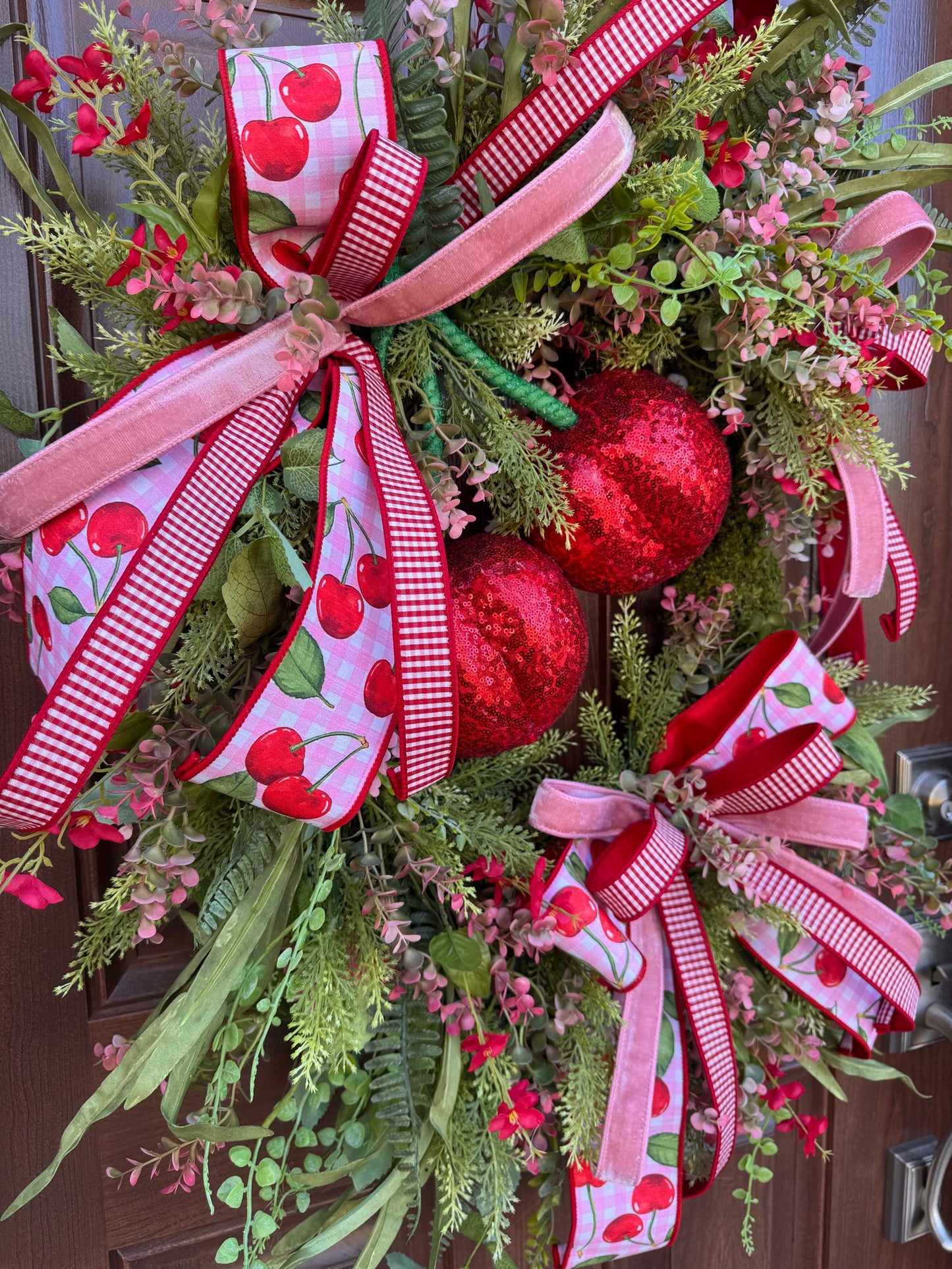 Pink Cherry Moss Wreath, Summer Decor for Outdoor Porch or Indoor Office, Cherry Door Decor, Spring Home Accent