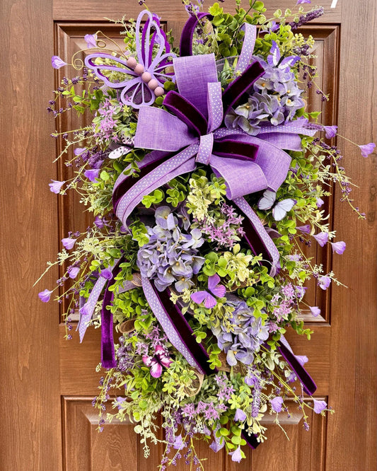 Purple Butterfly Spring Wreath, Lavender Hydrangea Front Door Wreath, Elegant Door Decor with Butterflies and Bow