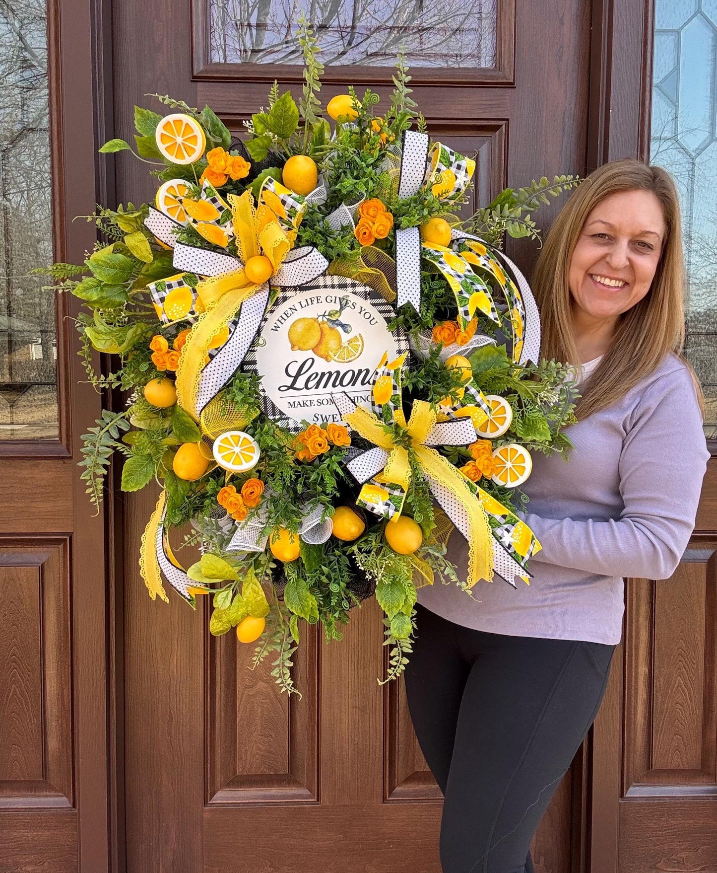 When Life Gives You Lemons Wreath – Lemon Front Door Hanger – Yellow & Black Buffalo Check Wreath – Farmhouse Summer Door Decor