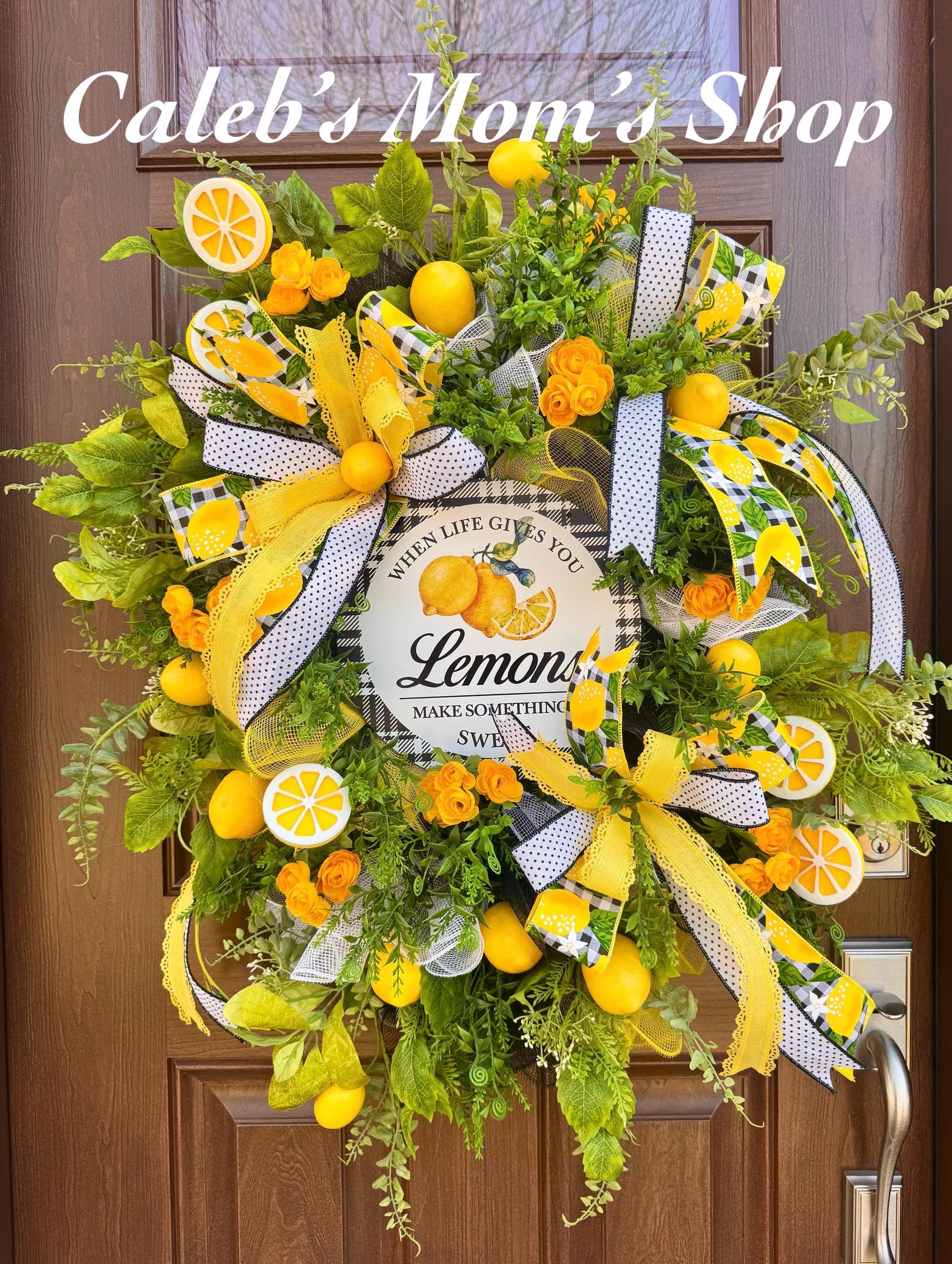 When Life Gives You Lemons Wreath – Lemon Front Door Hanger – Yellow & Black Buffalo Check Wreath – Farmhouse Summer Door Decor