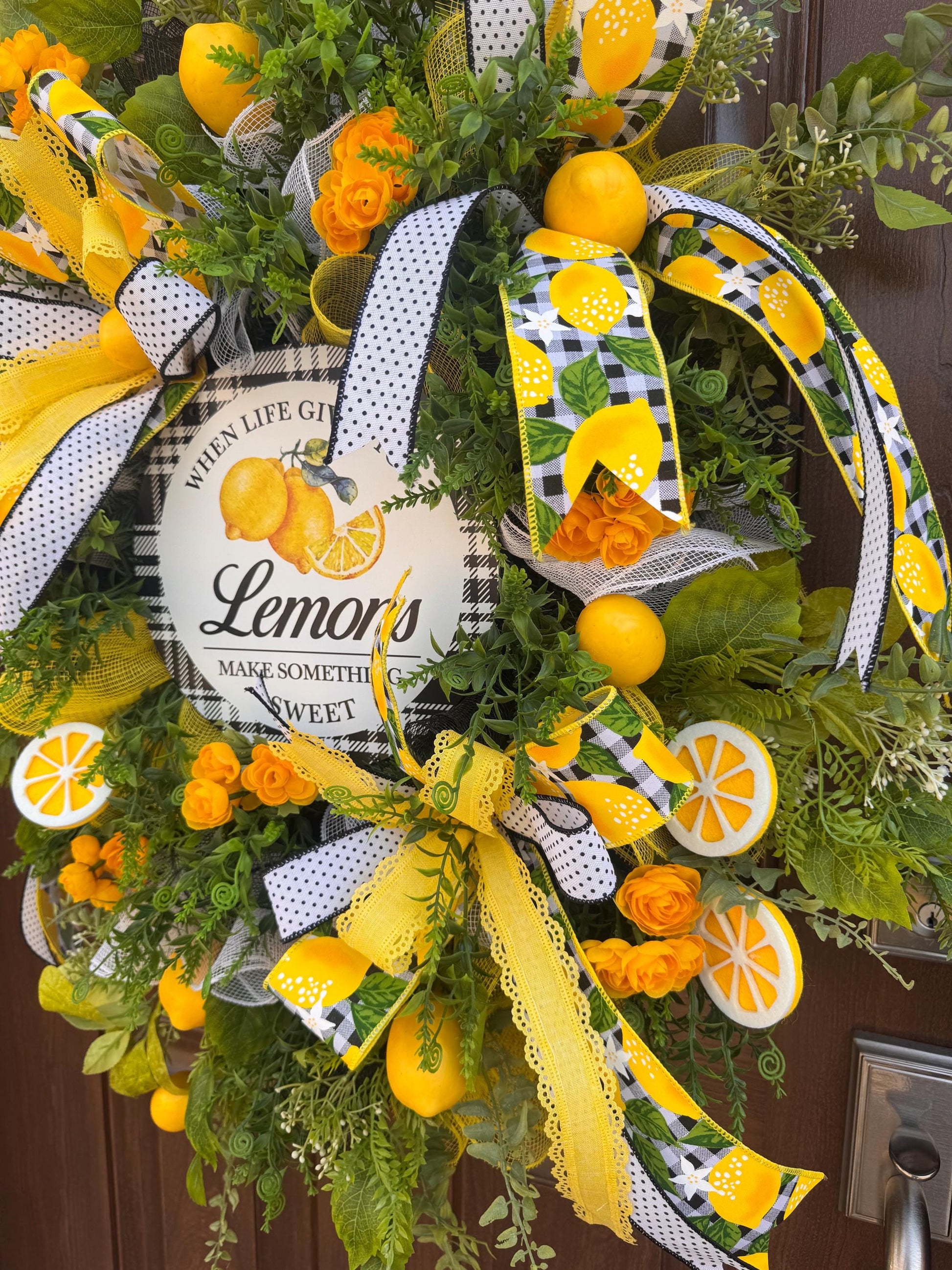 When Life Gives You Lemons Wreath – Lemon Front Door Hanger – Yellow & Black Buffalo Check Wreath – Farmhouse Summer Door Decor