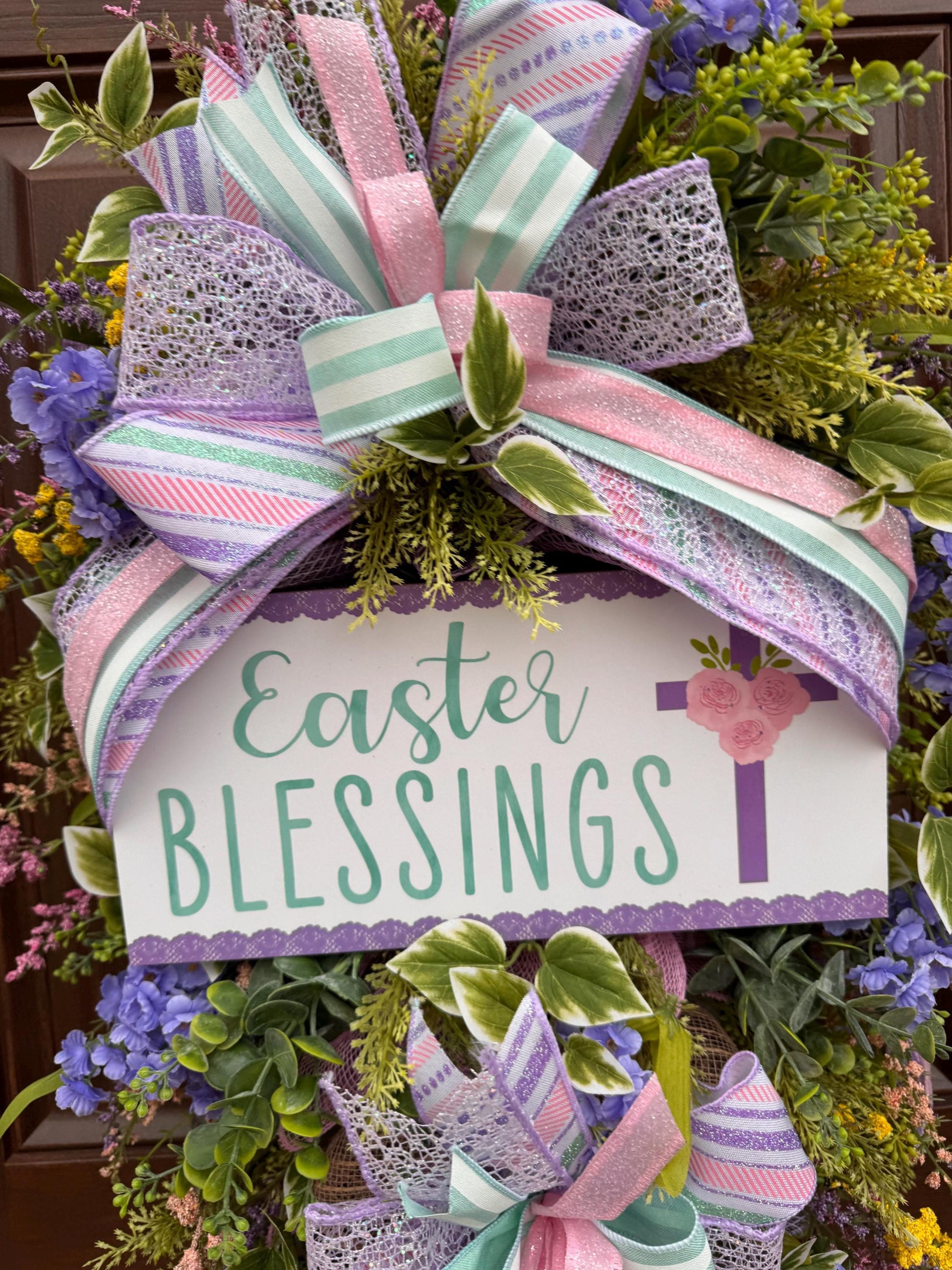 Religious Purple and Pink Easter Wreath for Front Door