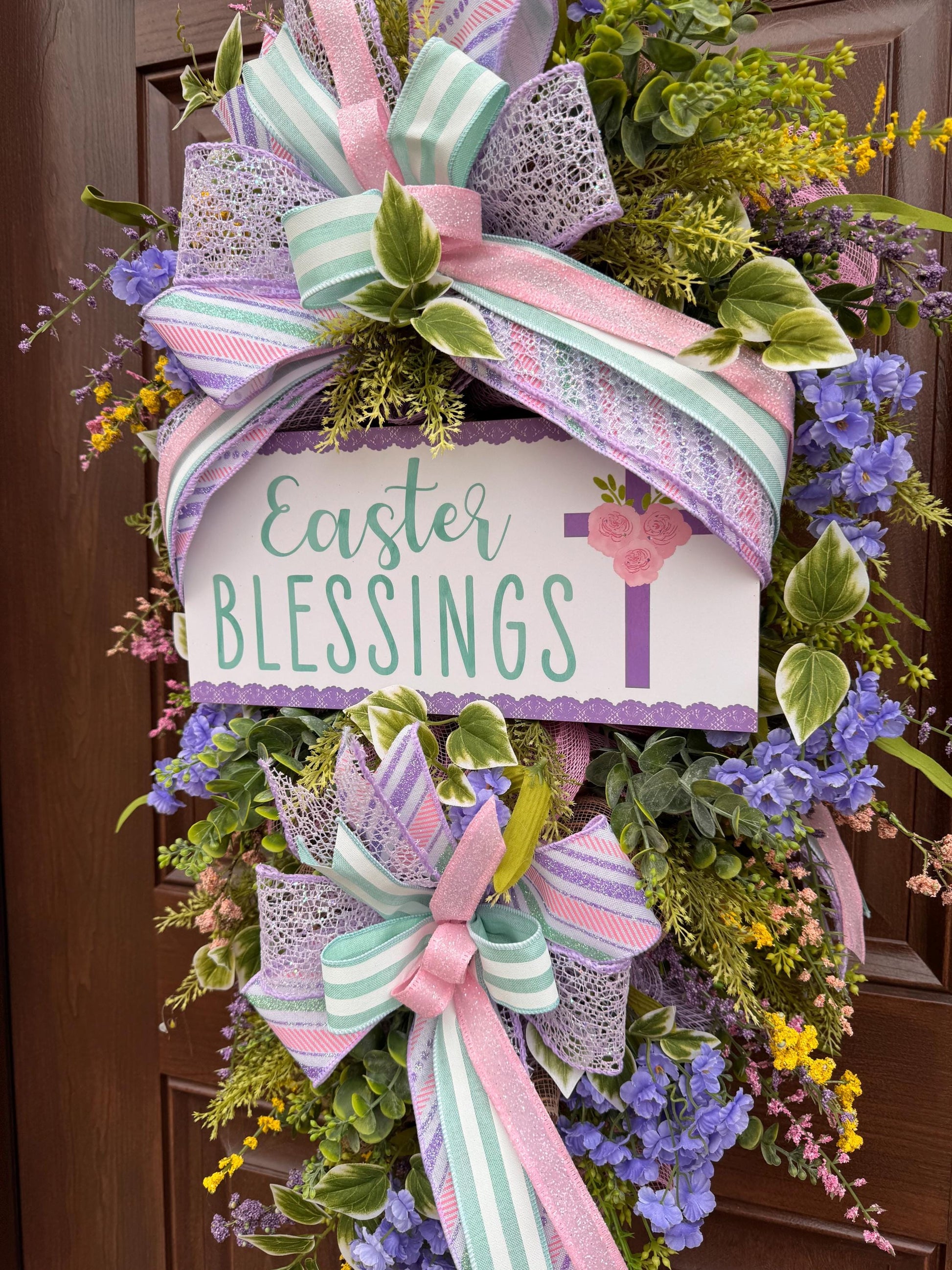 Religious Purple and Pink Easter Wreath for Front Door