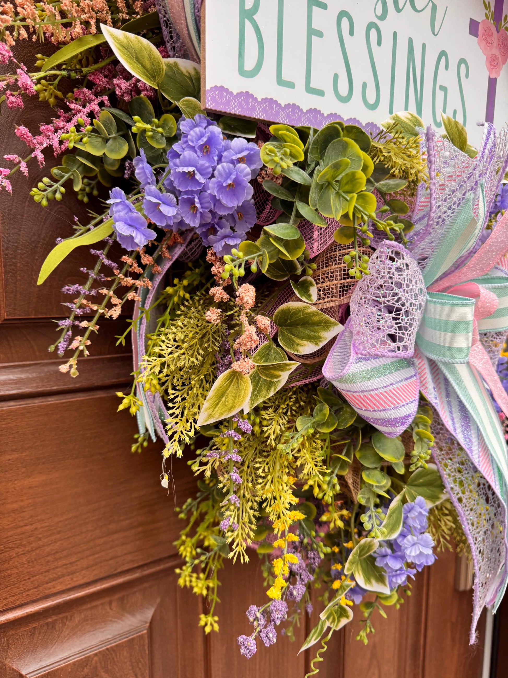 Religious Purple and Pink Easter Wreath for Front Door