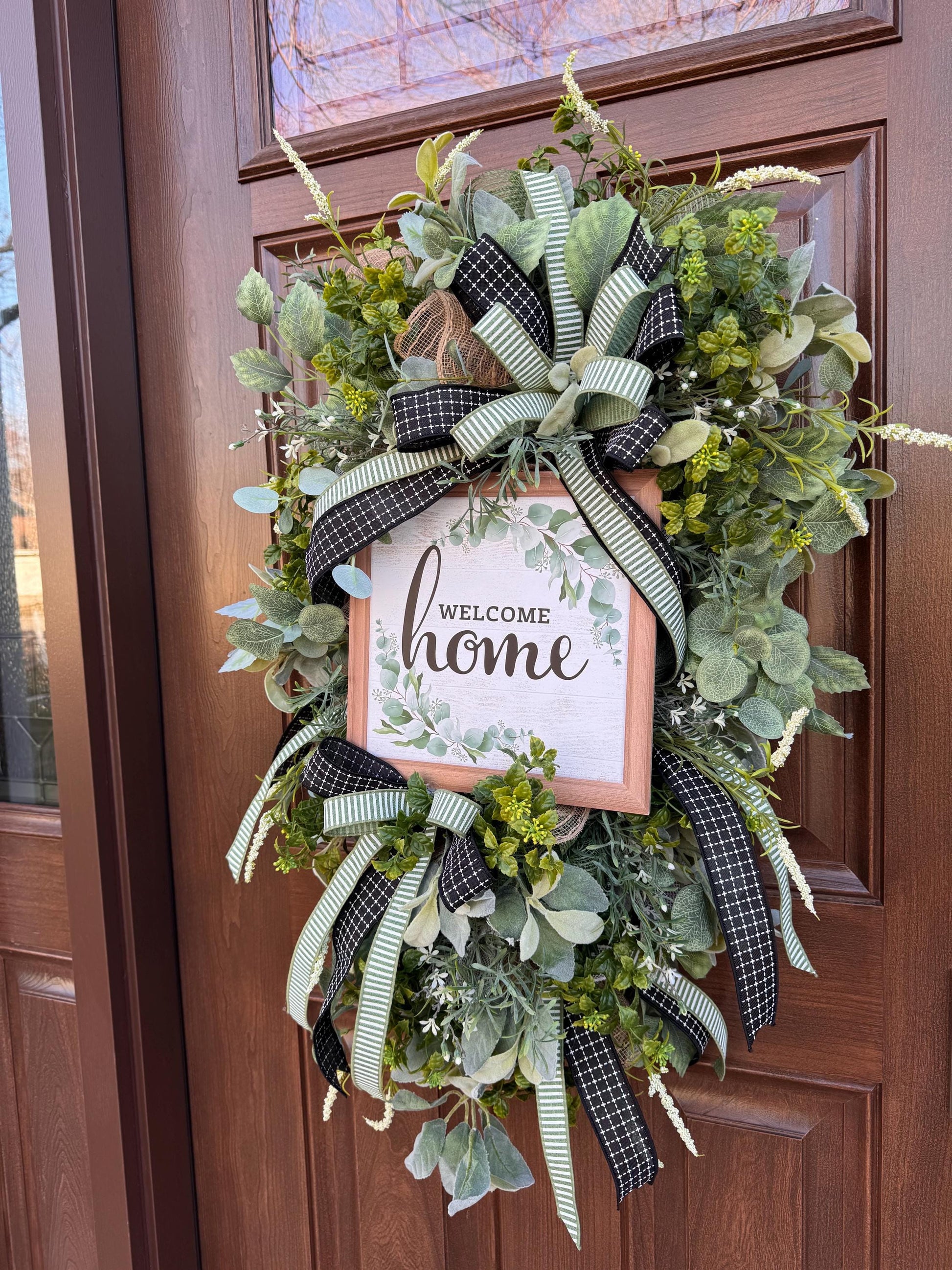 Welcome Home Wreath, Everyday Front Door Decor, Farmhouse Greenery Hanger with Welcome Sign, Year Round Door Decoration
