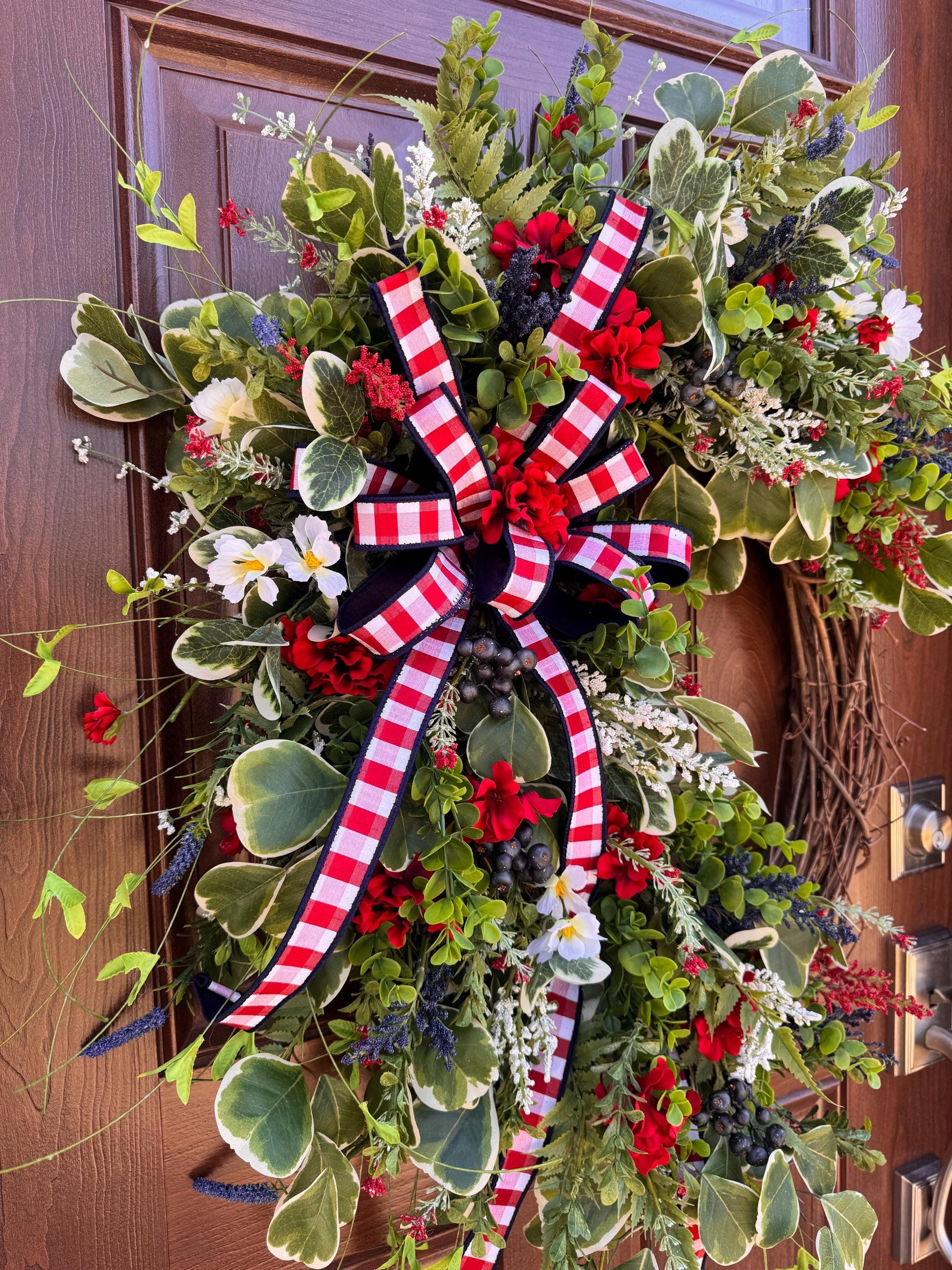 Patriotic Summer Wreath for Front Door, 4th of July Wreath, Red White Blue Floral Wreath, Americana Door Decor, Farmhouse Patriotic Wreath