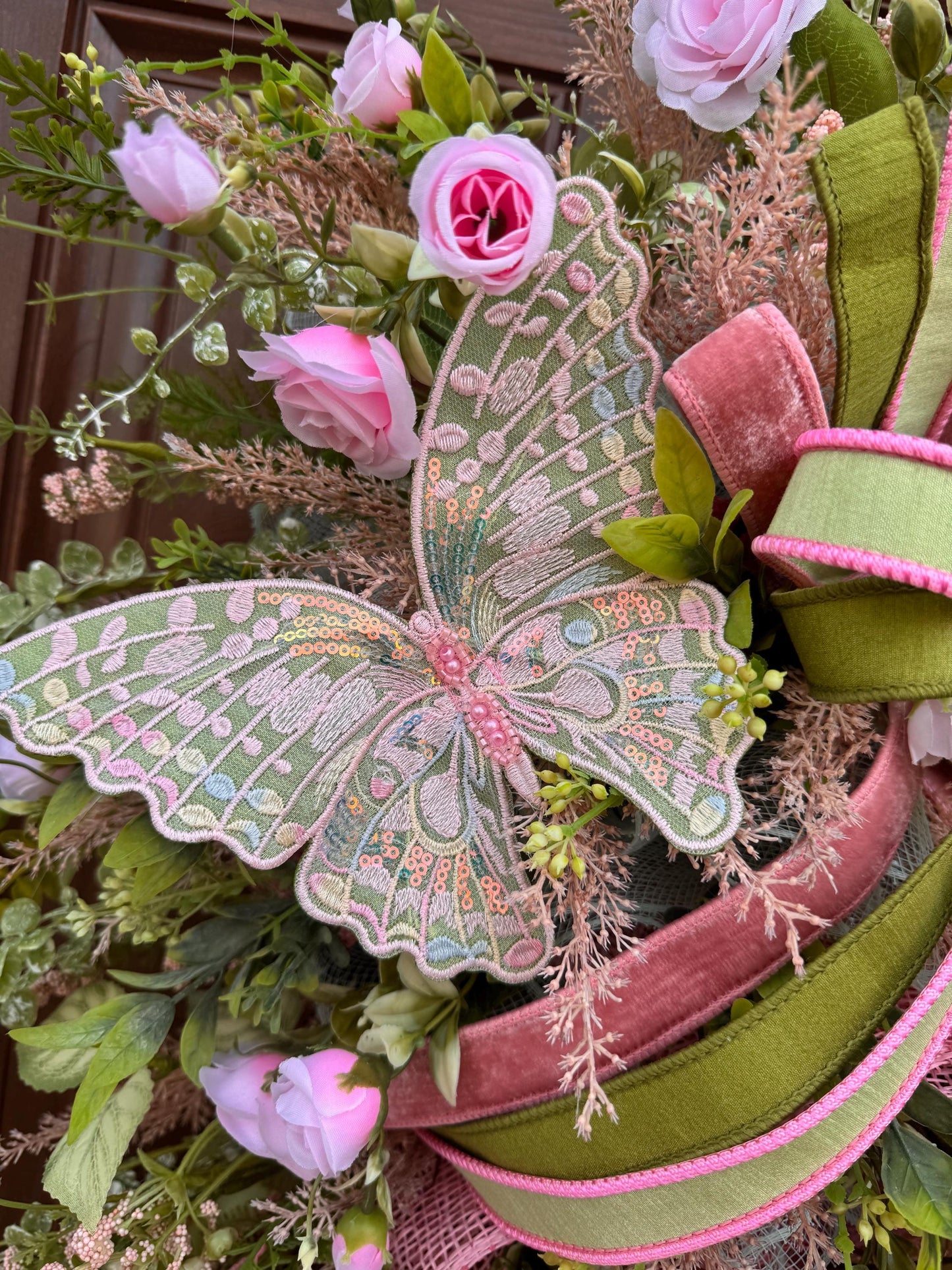 Pink and Green Butterfly Wreath, Spring Floral Swag, Romantic Rose Door Hanger, Garden Inspired Spring Home Decor