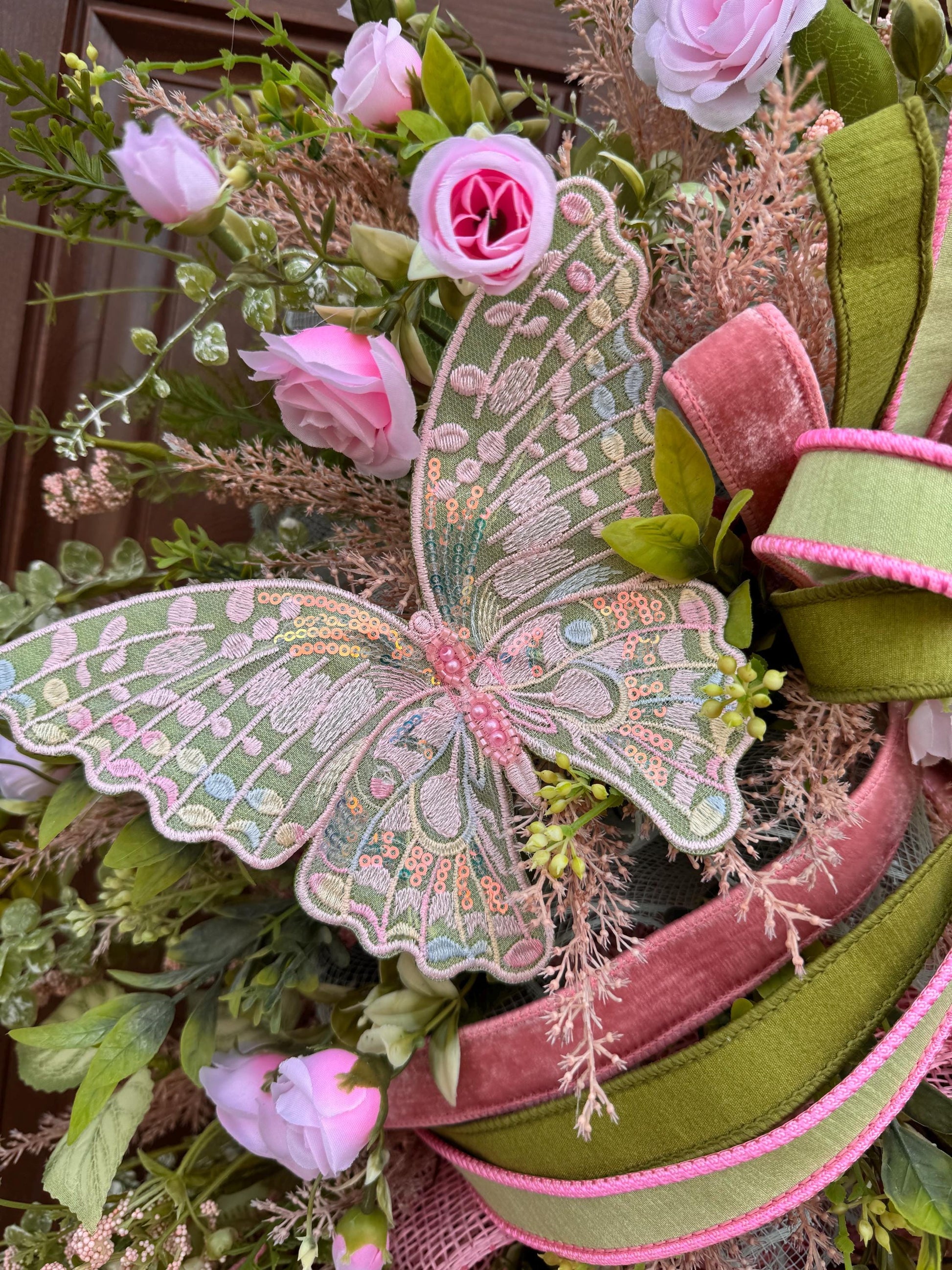 Pink and Green Butterfly Wreath, Spring Floral Swag, Romantic Rose Door Hanger, Garden Inspired Spring Home Decor