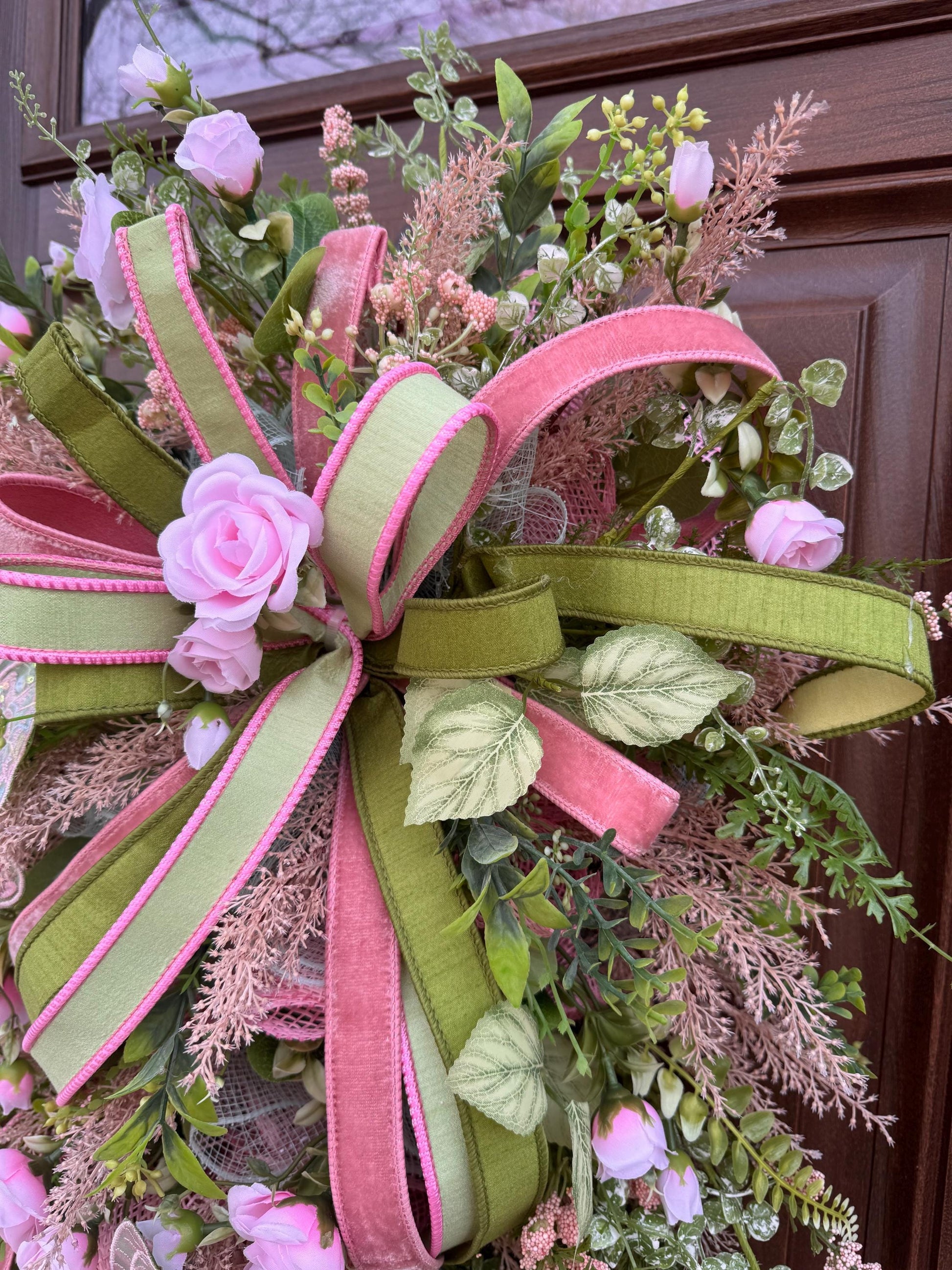 Pink and Green Butterfly Wreath, Spring Floral Swag, Romantic Rose Door Hanger, Garden Inspired Spring Home Decor