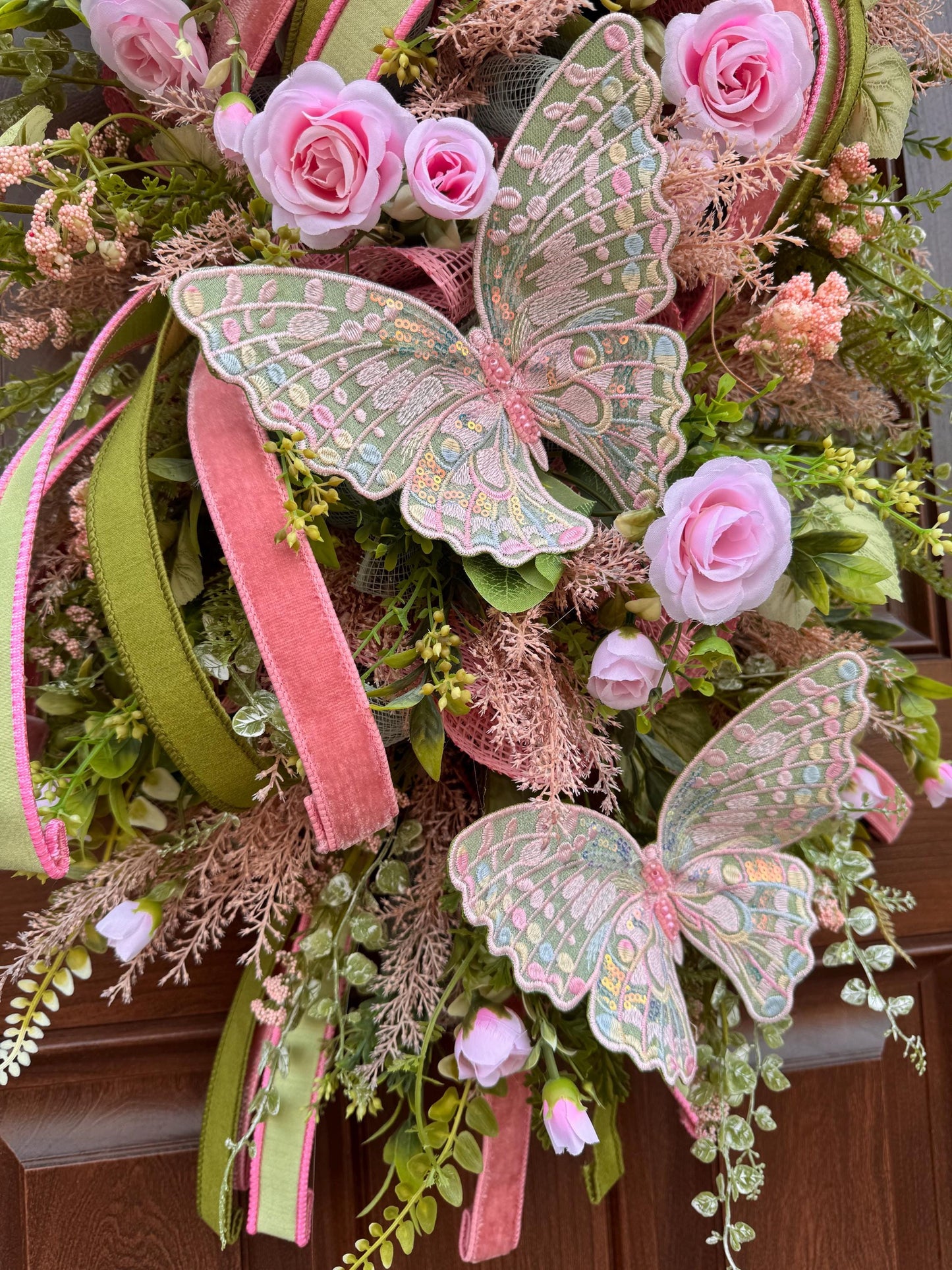 Pink and Green Butterfly Wreath, Spring Floral Swag, Romantic Rose Door Hanger, Garden Inspired Spring Home Decor