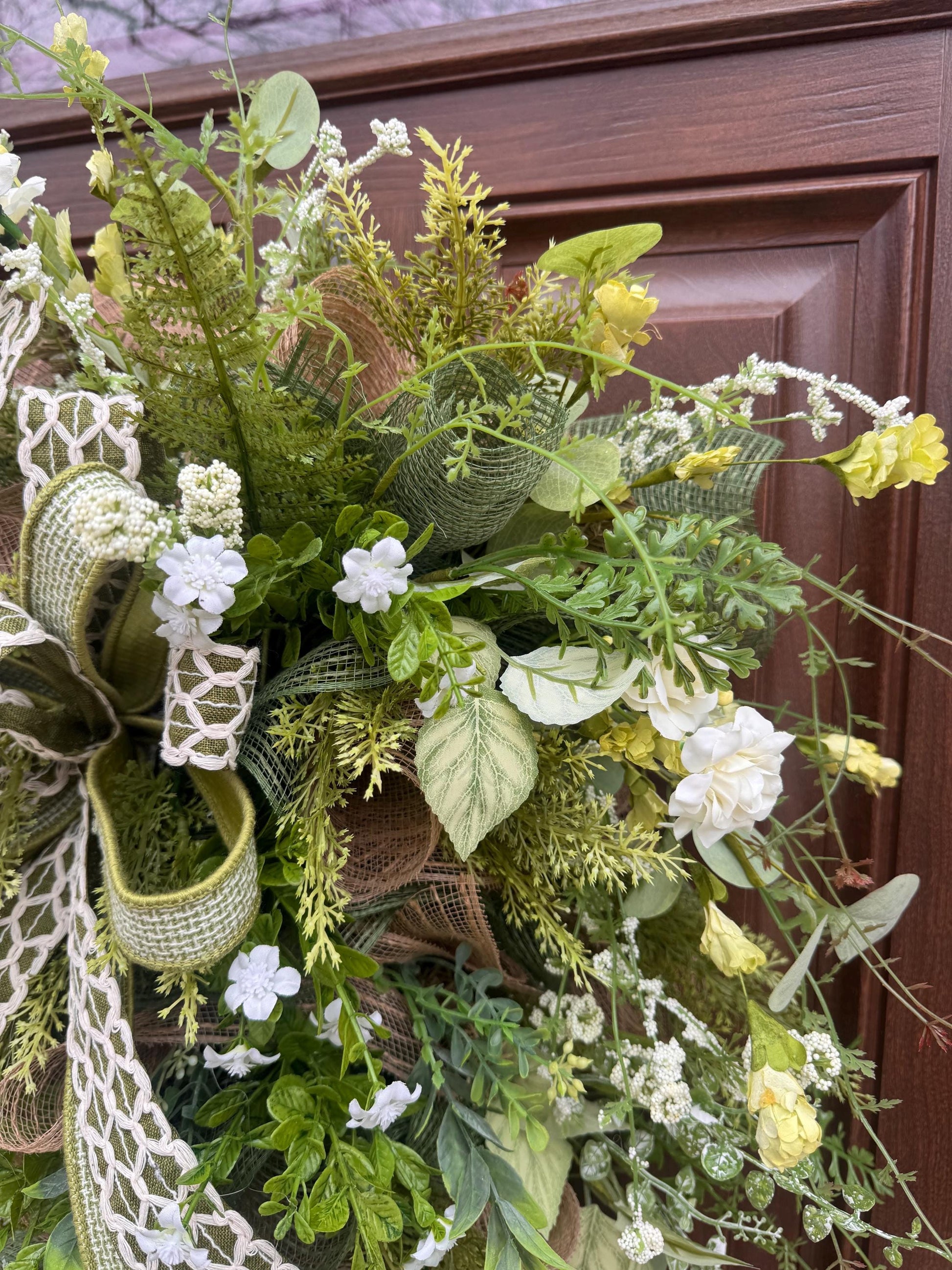 Spring Greenery Door Swag Wreath, Neutral Front Door Decor, Farmhouse Floral Wreath with Large Bow, Everyday Porch Decor