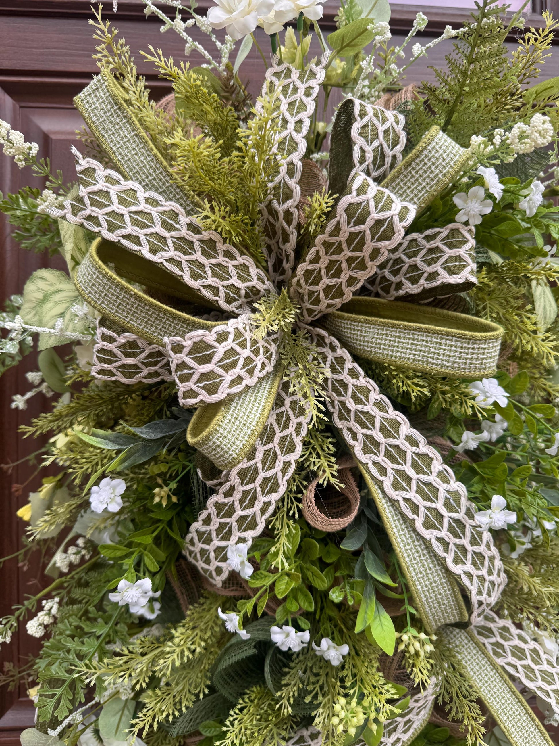 Spring Greenery Door Swag Wreath, Neutral Front Door Decor, Farmhouse Floral Wreath with Large Bow, Everyday Porch Decor